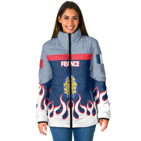 France Women Padded Jacket Flag & Coat Of Arms Fire Hockey Style