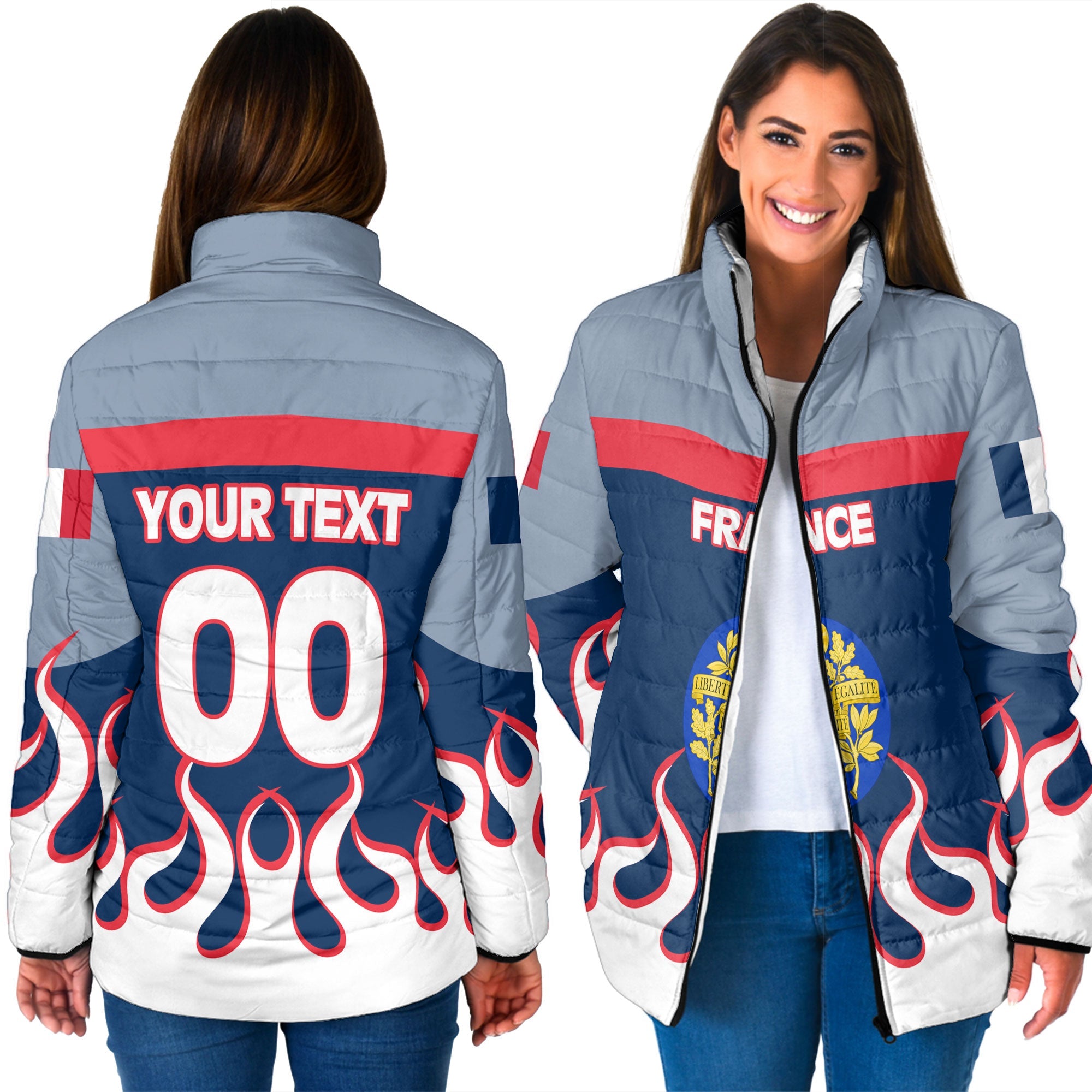 France Women Padded Jacket Flag & Coat Of Arms Fire Hockey Style