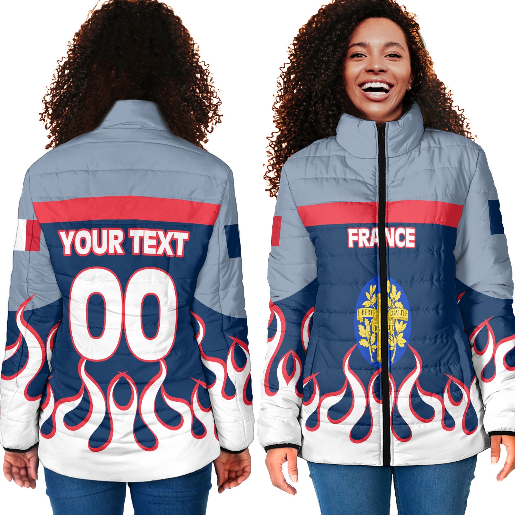 France Women Padded Jacket Flag & Coat Of Arms Fire Hockey Style