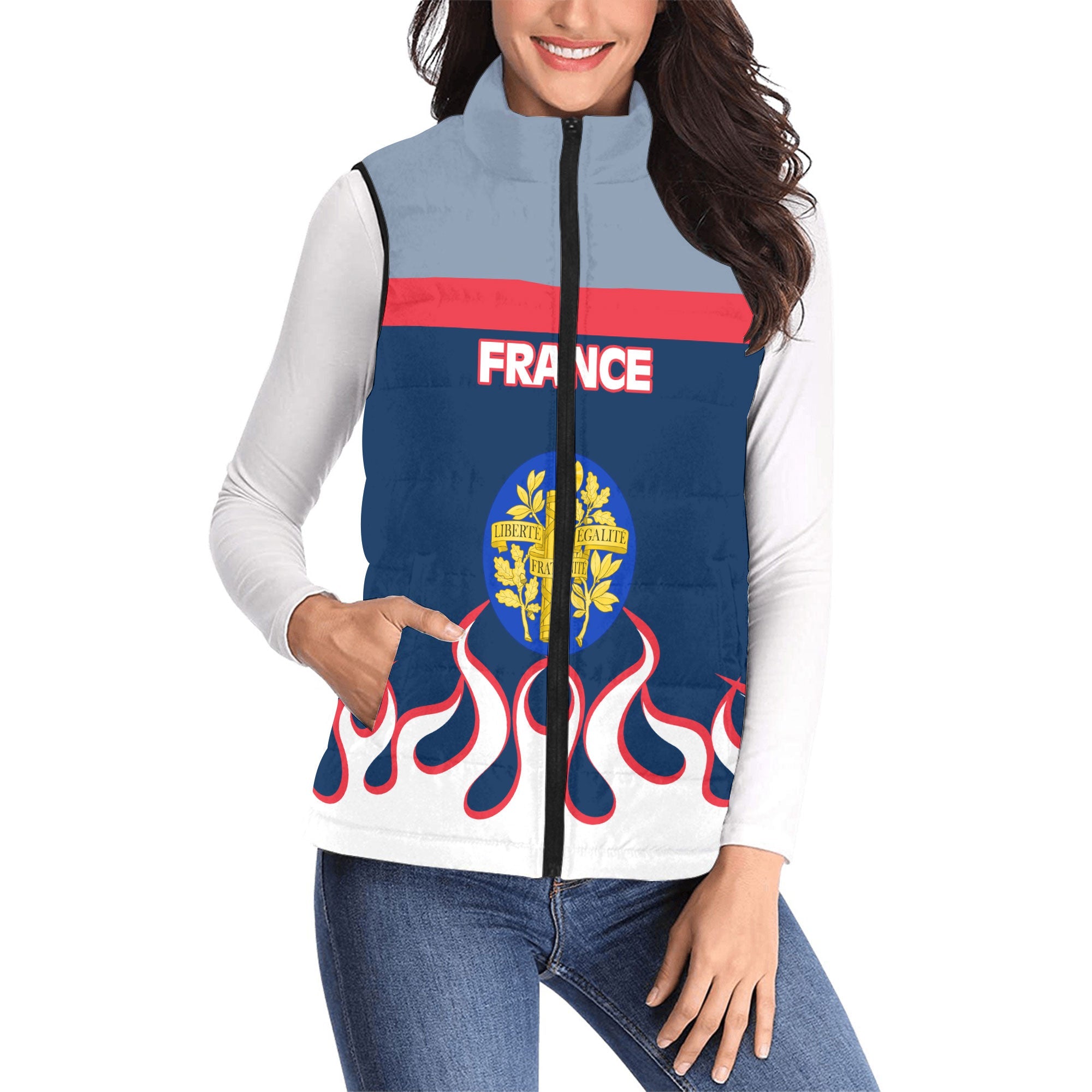 France Women Padded Jacket Vest Flag & Coat Of Arms Fire Hockey Style