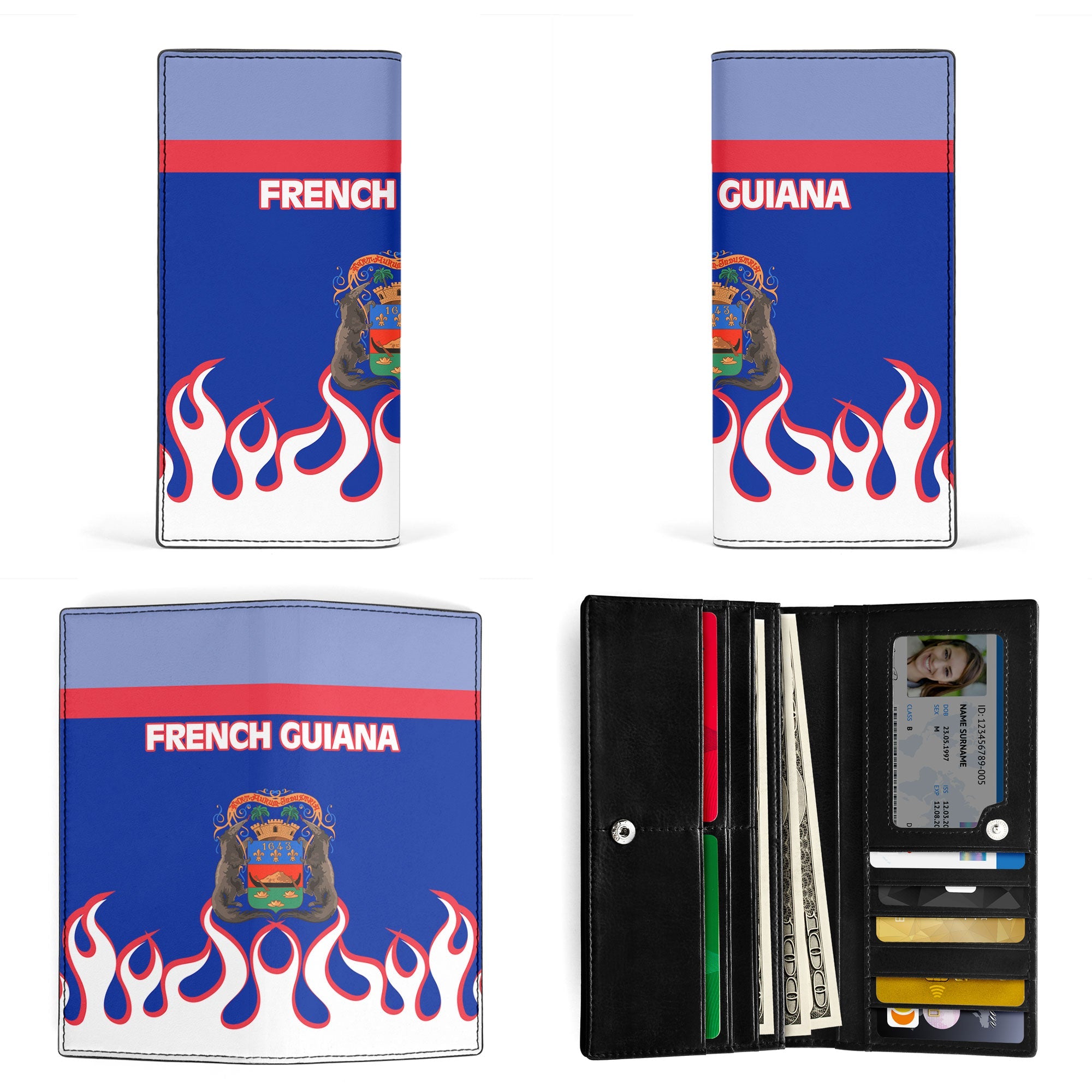 French Guiana Leather Wallet Flag & Coat Of Arms Fire Hockey Style