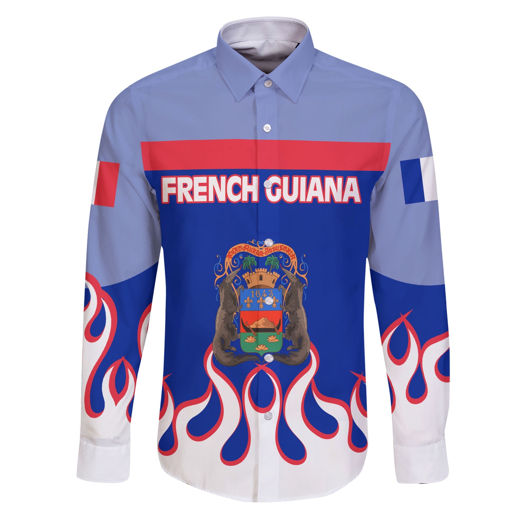 French Guiana Long Sleeve Button Shirt Flag & Coat Of Arms Fire Hockey Style