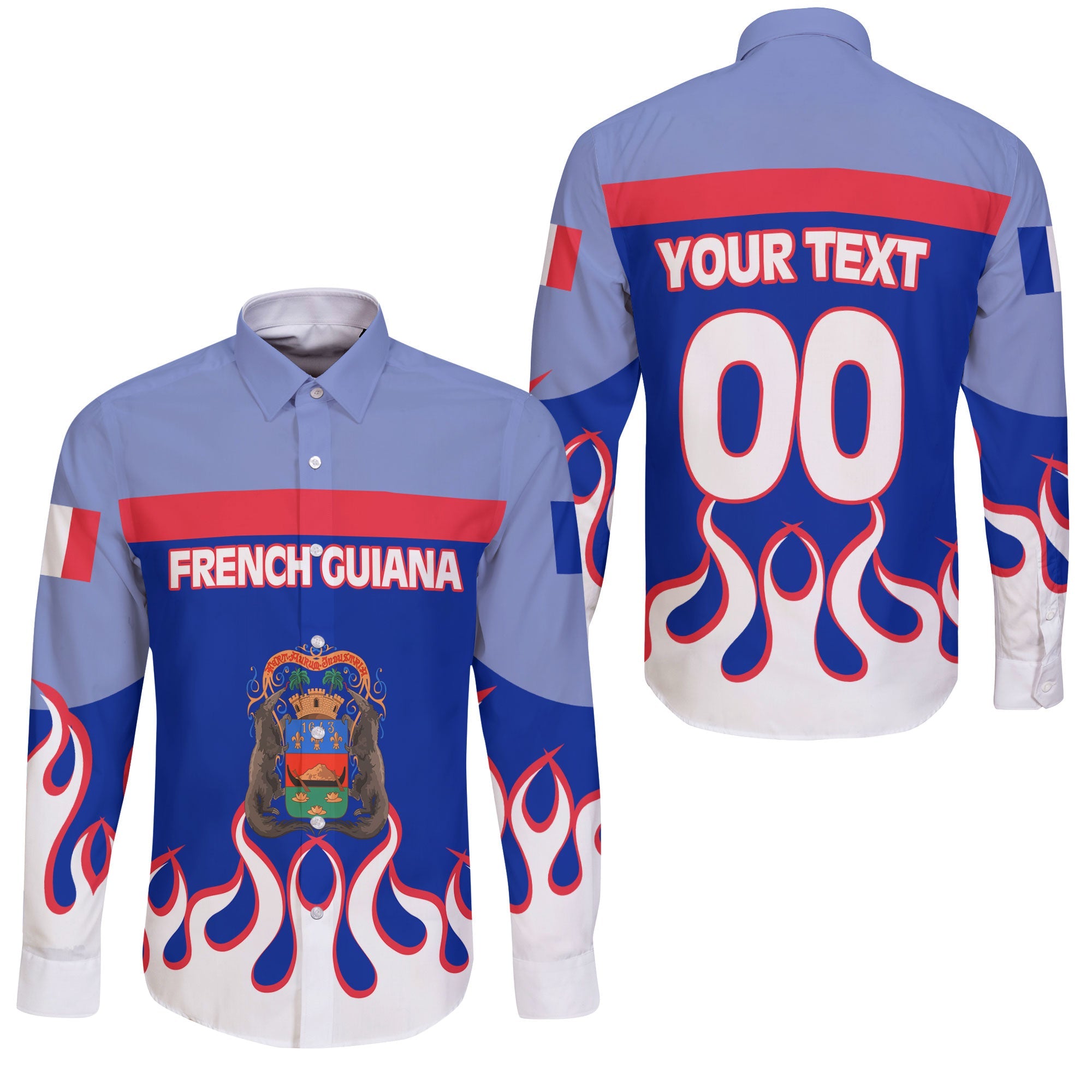 French Guiana Long Sleeve Button Shirt Flag & Coat Of Arms Fire Hockey Style