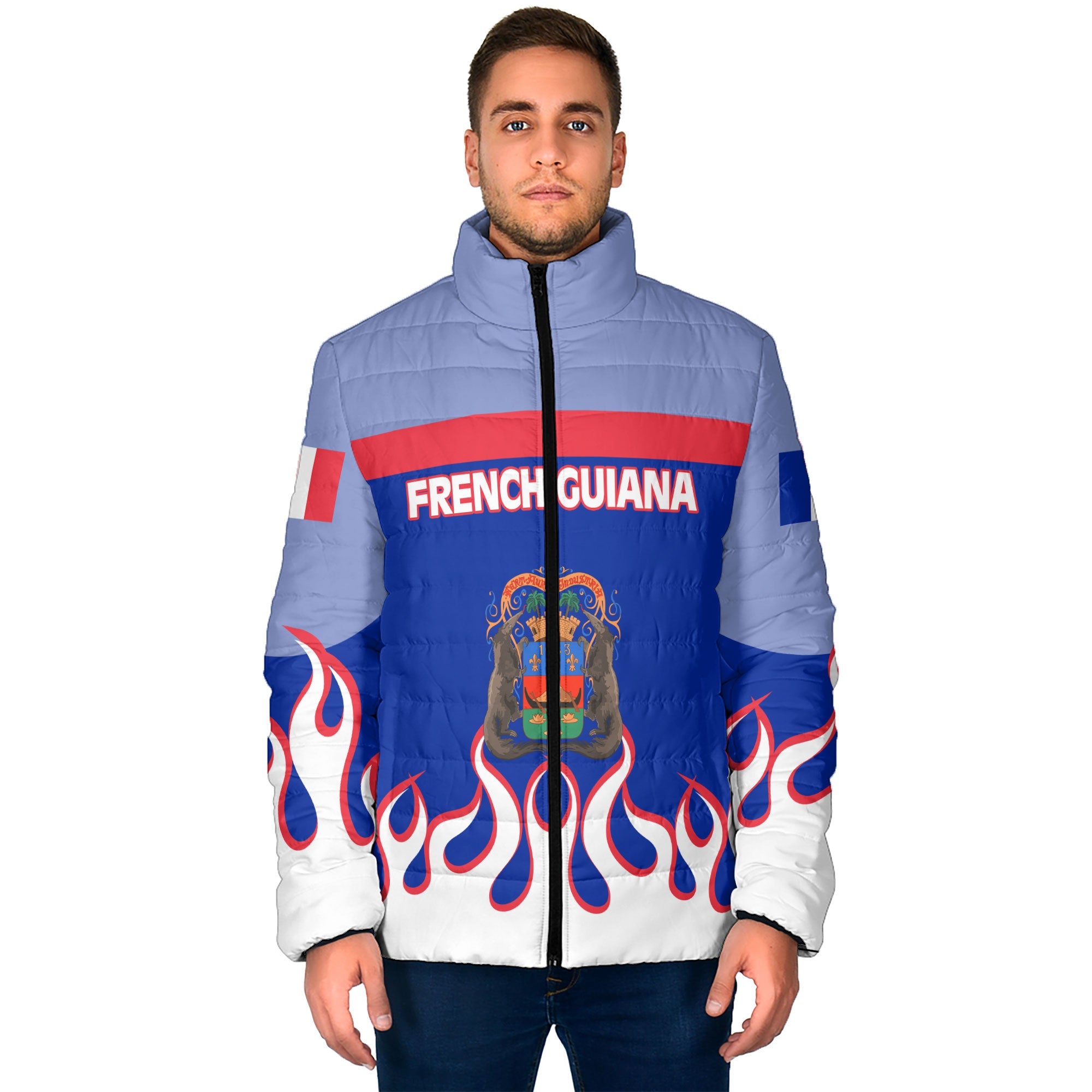 French Guiana Men Padded Jacket Flag & Coat Of Arms Fire Hockey Style