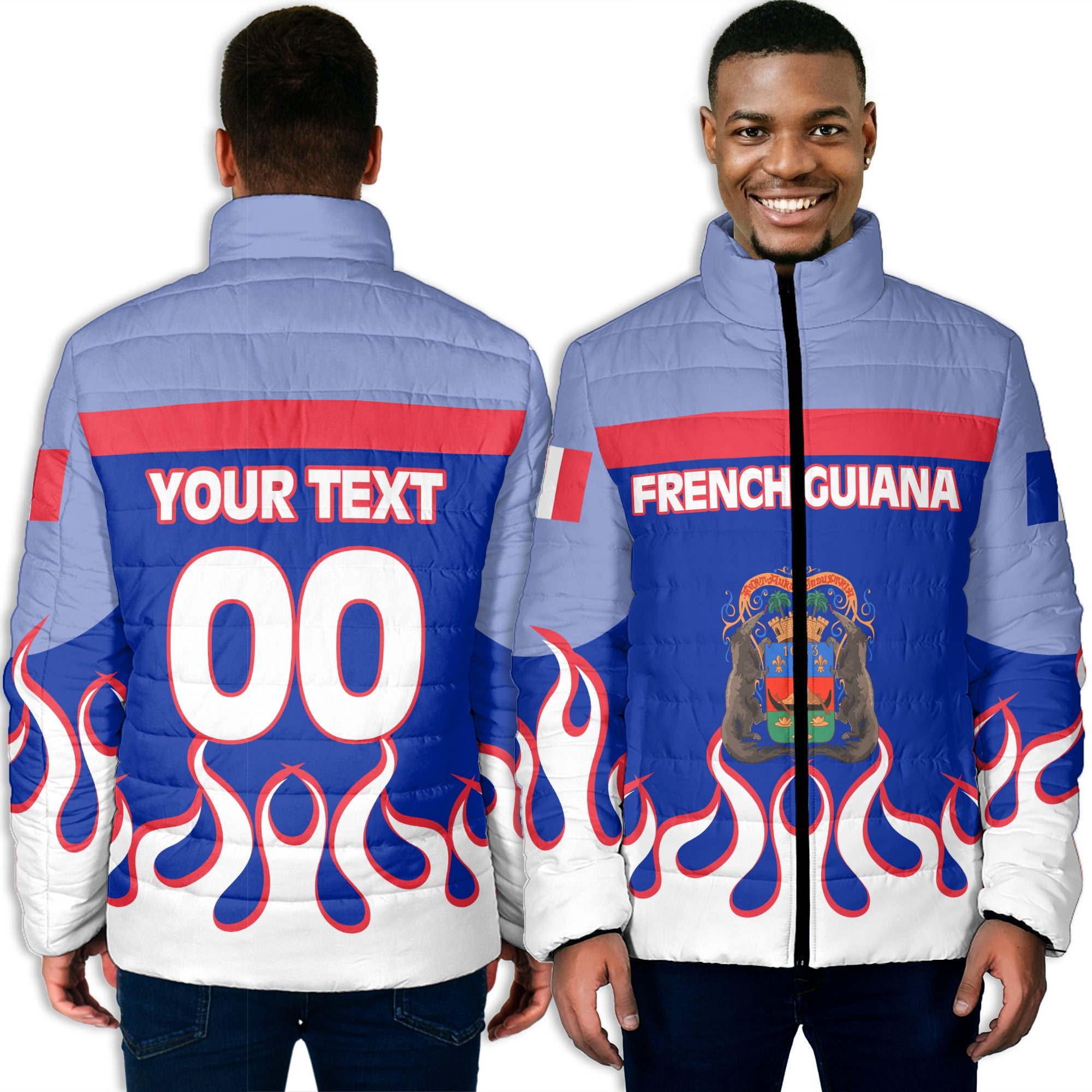 French Guiana Men Padded Jacket Flag & Coat Of Arms Fire Hockey Style