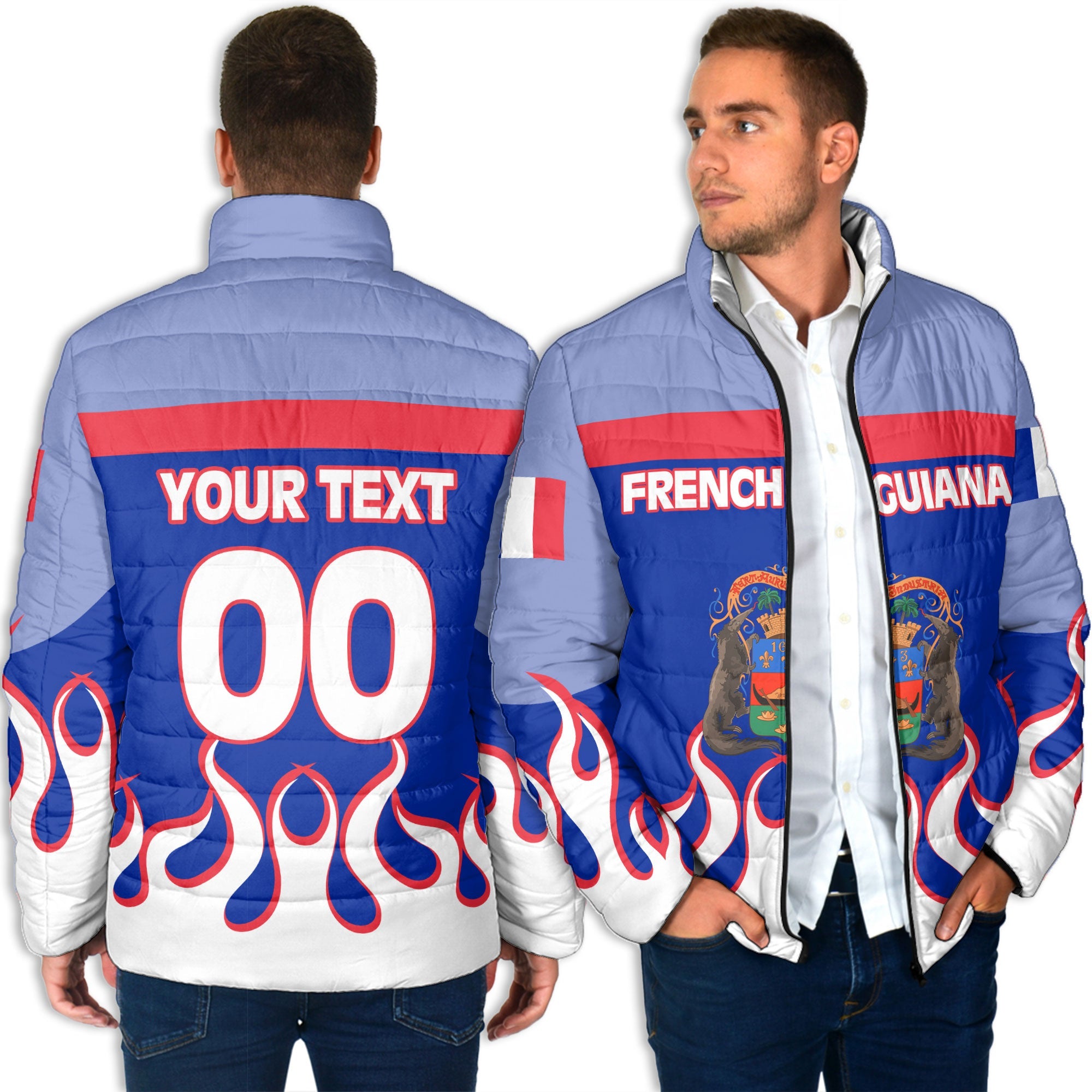 French Guiana Men Padded Jacket Flag & Coat Of Arms Fire Hockey Style