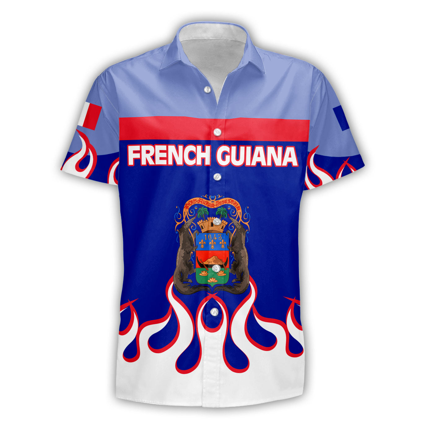 French Guiana Short Sleeve Shirt Flag & Coat Of Arms Fire Hockey Style