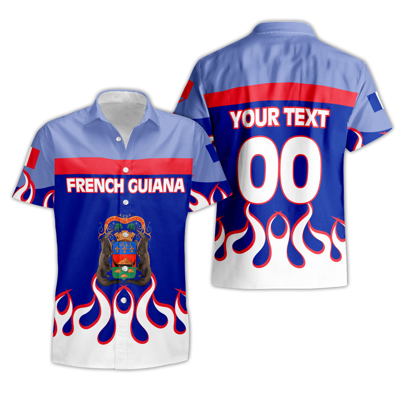 French Guiana Short Sleeve Shirt Flag & Coat Of Arms Fire Hockey Style