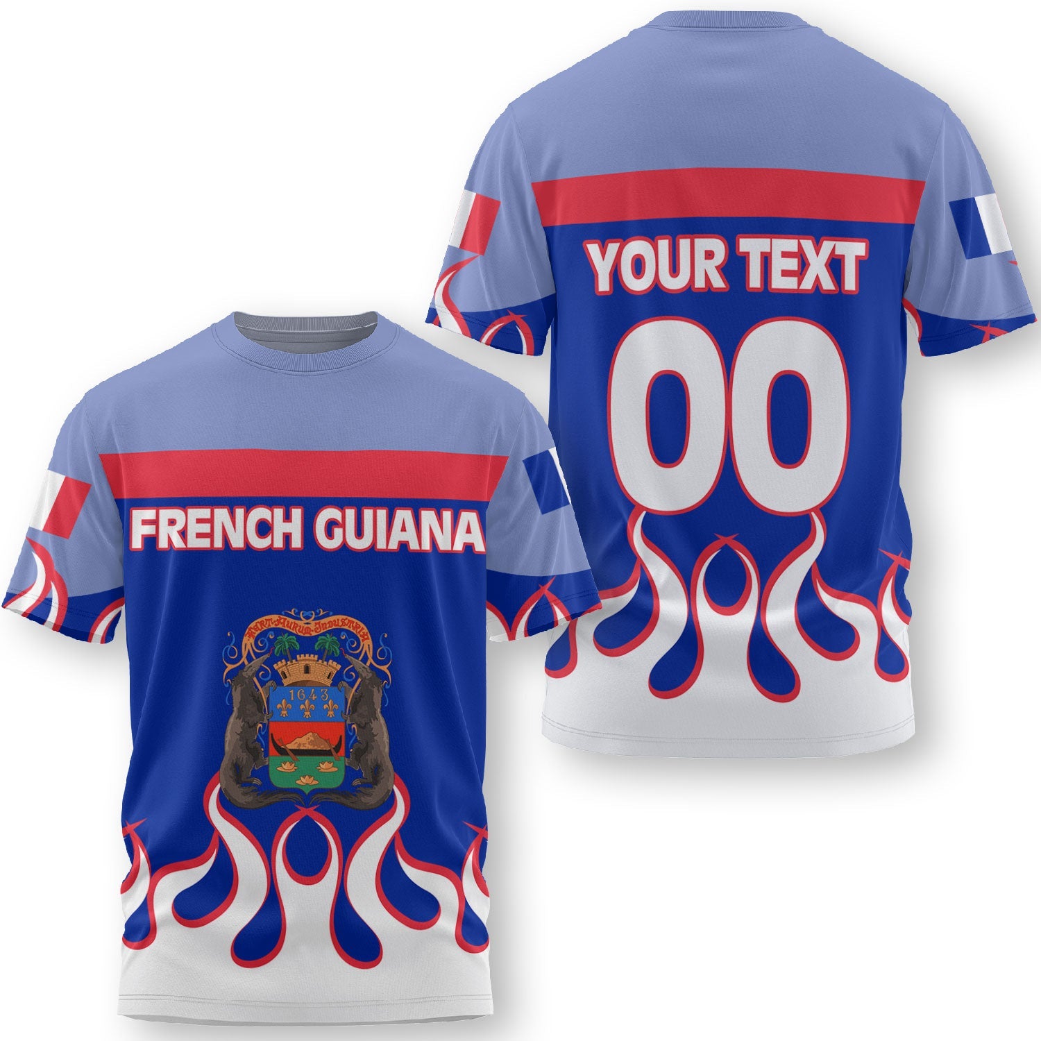 French Guiana T Shirt Flag & Coat Of Arms Fire Hockey Style