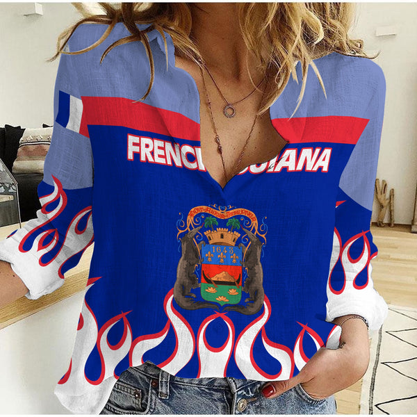 French Guiana Women Casual Shirt Flag & Coat Of Arms Fire Hockey Style