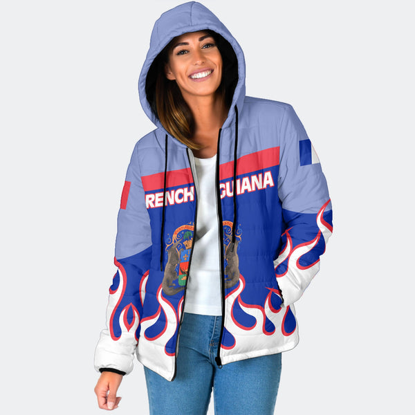 French Guiana Women Hooded Padded Jacket Flag & Coat Of Arms Fire Hockey Style