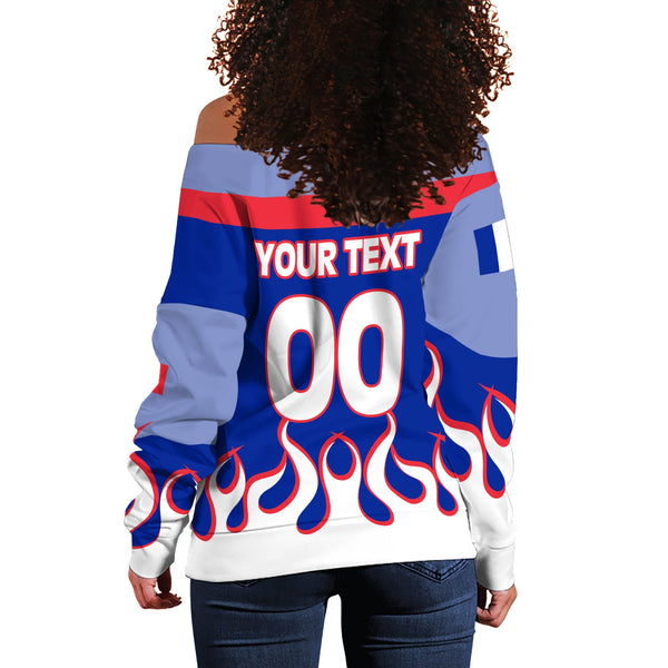 French Guiana Women Off Shoulder Sweatshirt Flag & Coat Of Arms Fire Hockey Style