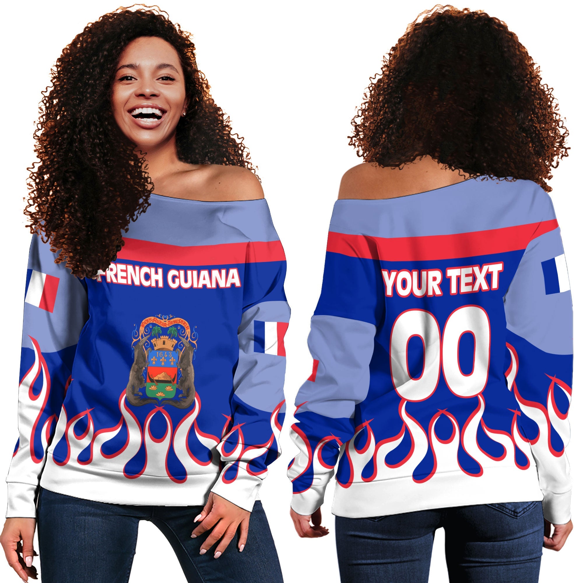 French Guiana Women Off Shoulder Sweatshirt Flag & Coat Of Arms Fire Hockey Style