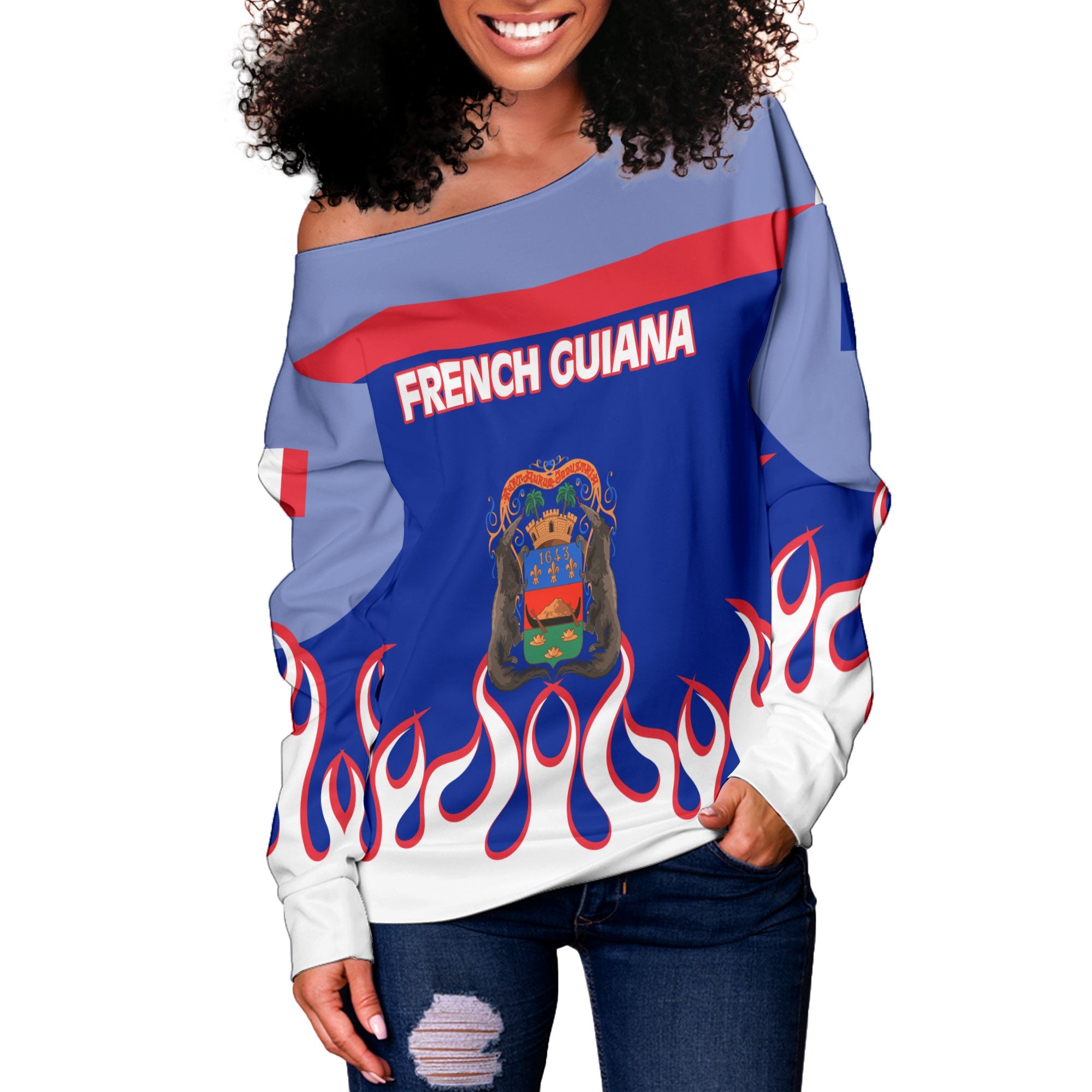 French Guiana Women Off Shoulder Sweatshirt Flag & Coat Of Arms Fire Hockey Style