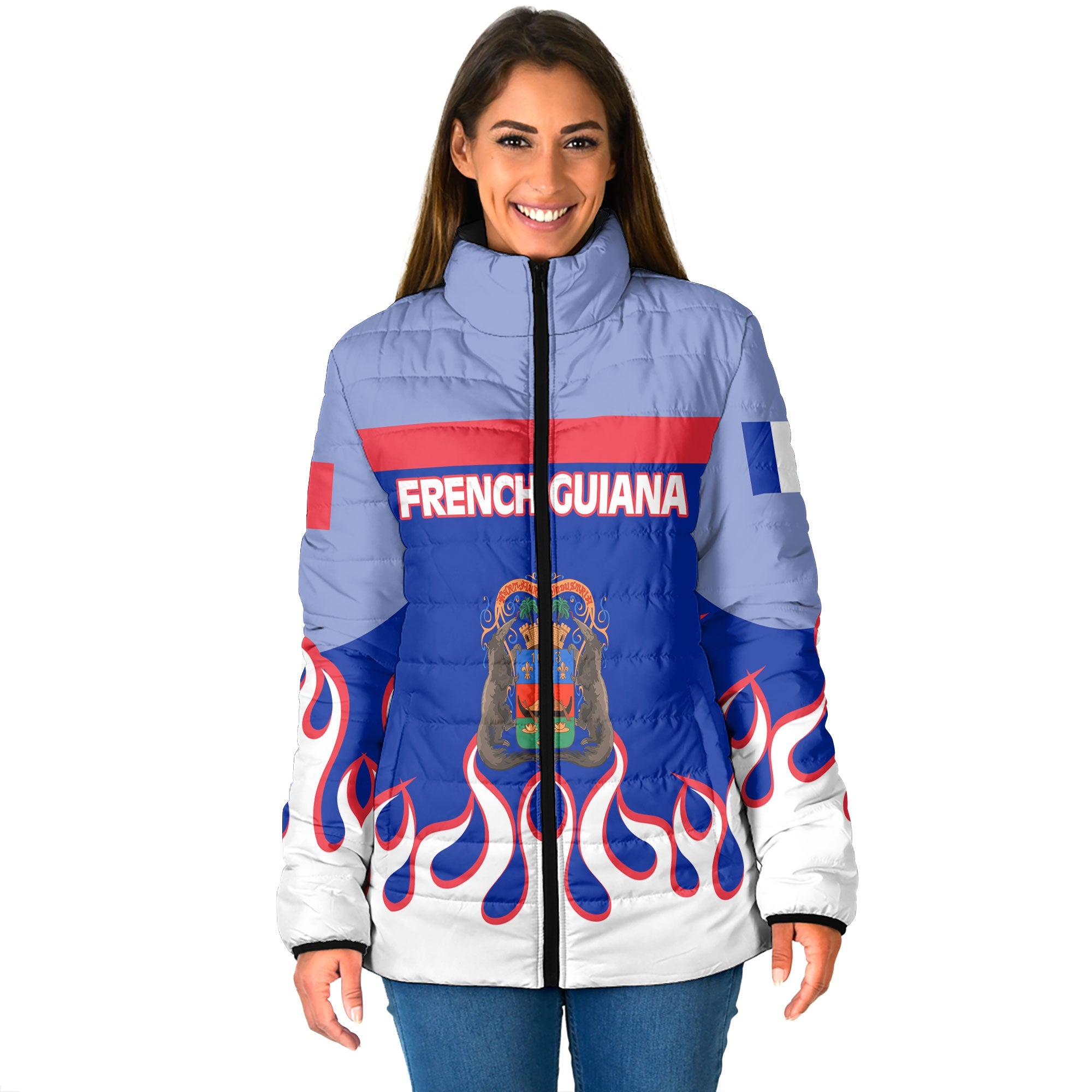 French Guiana Women Padded Jacket Flag & Coat Of Arms Fire Hockey Style