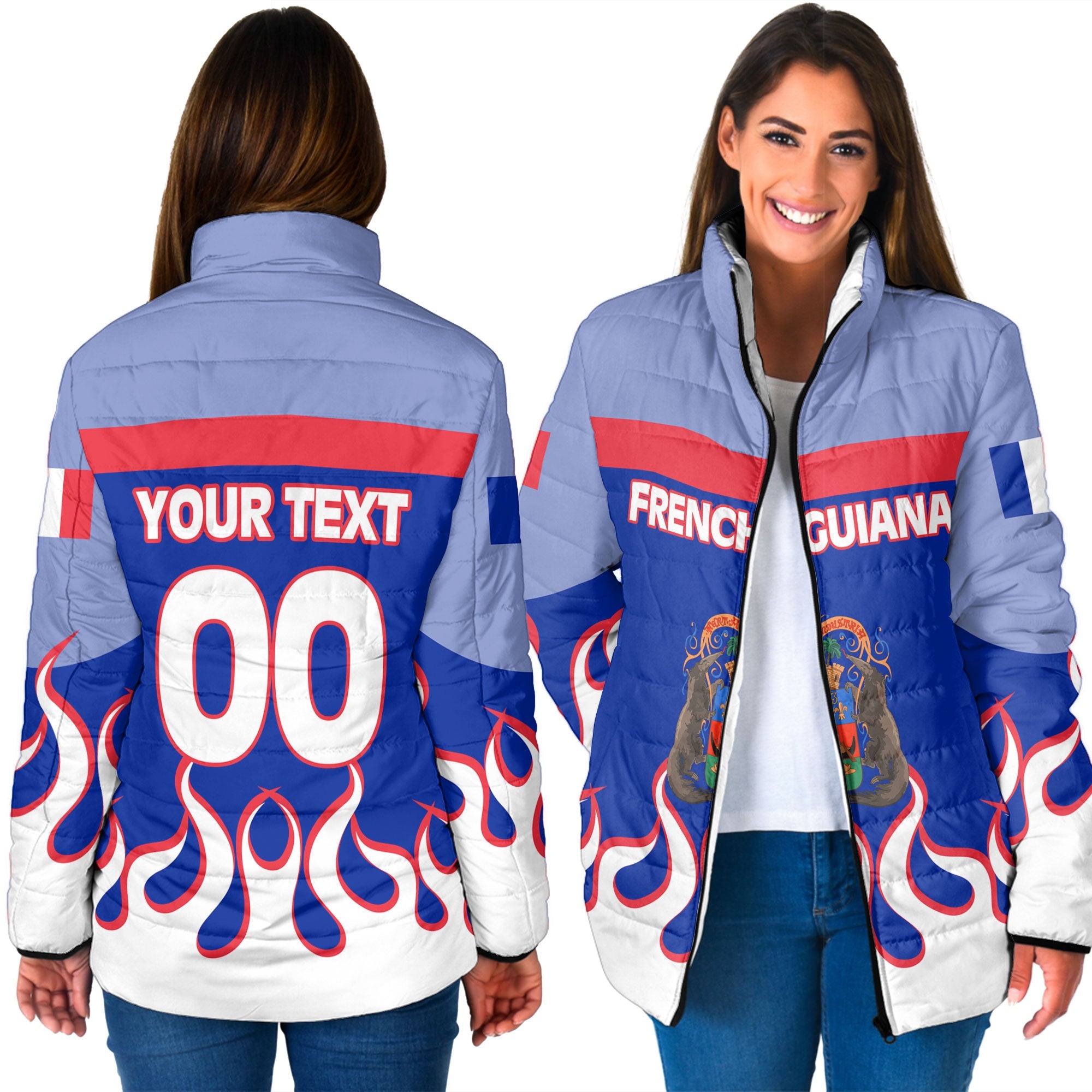 French Guiana Women Padded Jacket Flag & Coat Of Arms Fire Hockey Style