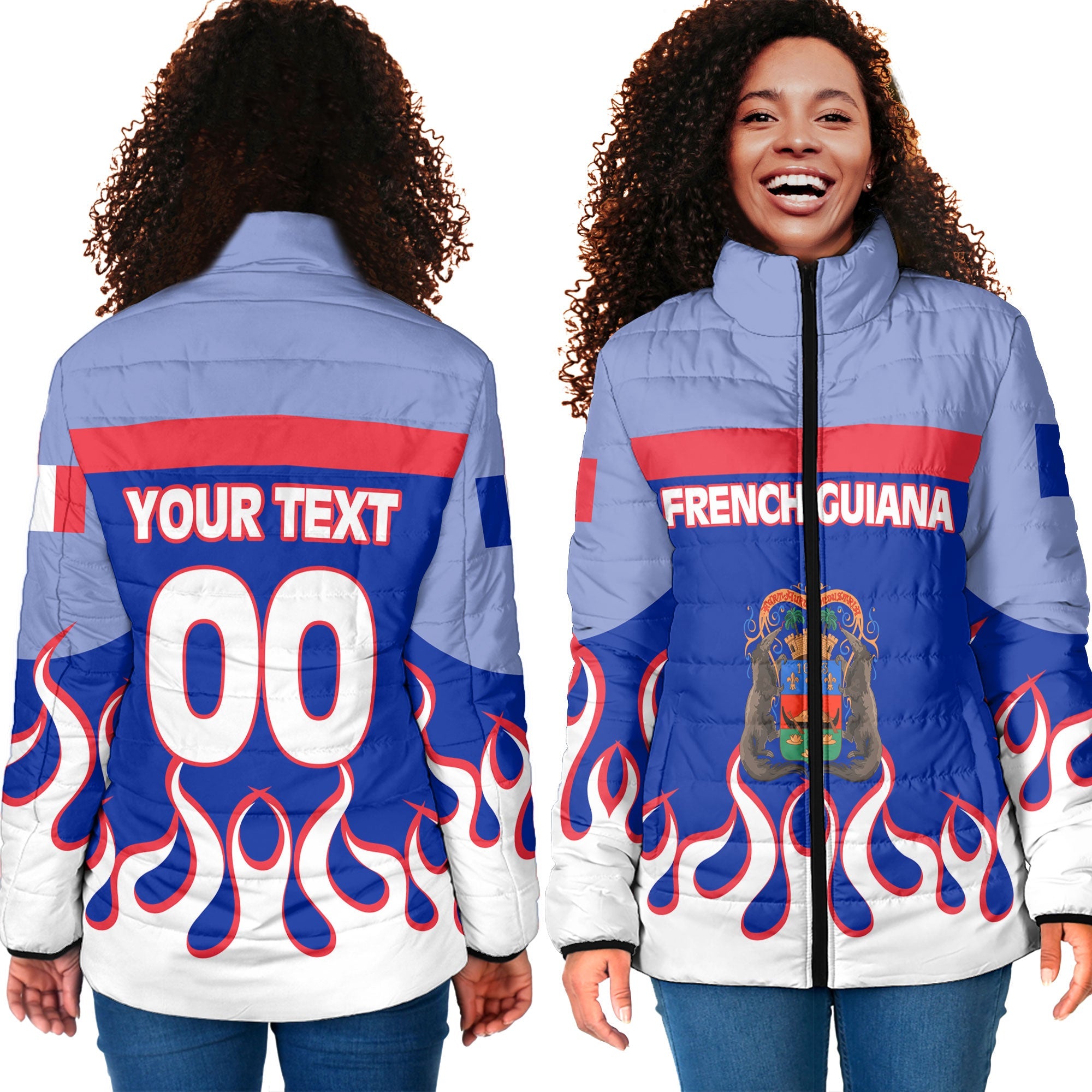 French Guiana Women Padded Jacket Flag & Coat Of Arms Fire Hockey Style