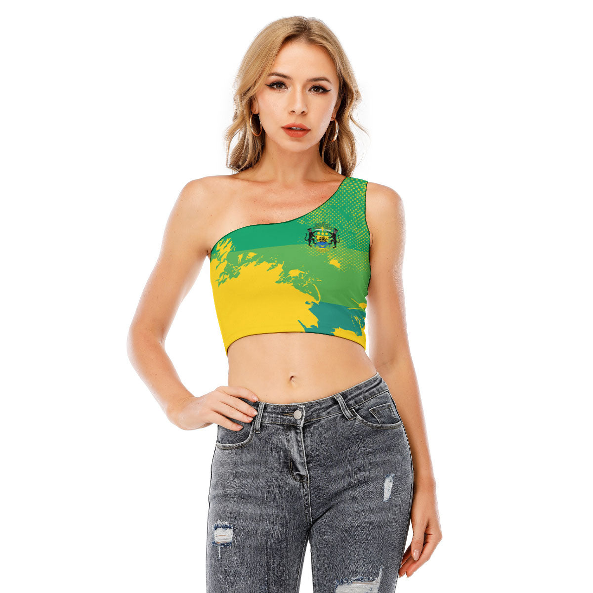 Gabon One Shoulder Cropped Top Flag & Coat Of Arms Paint Style