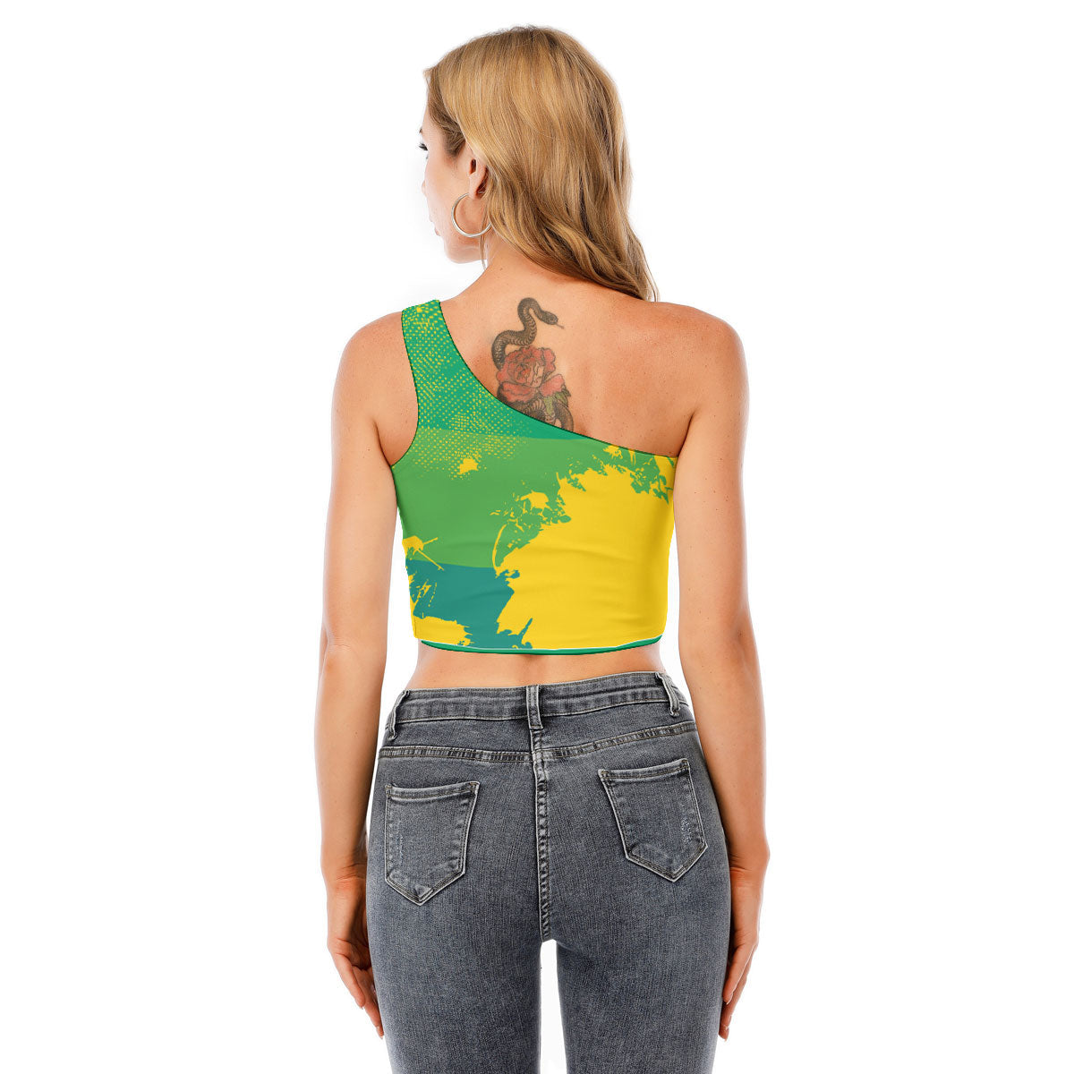 Gabon One Shoulder Cropped Top Flag & Coat Of Arms Paint Style