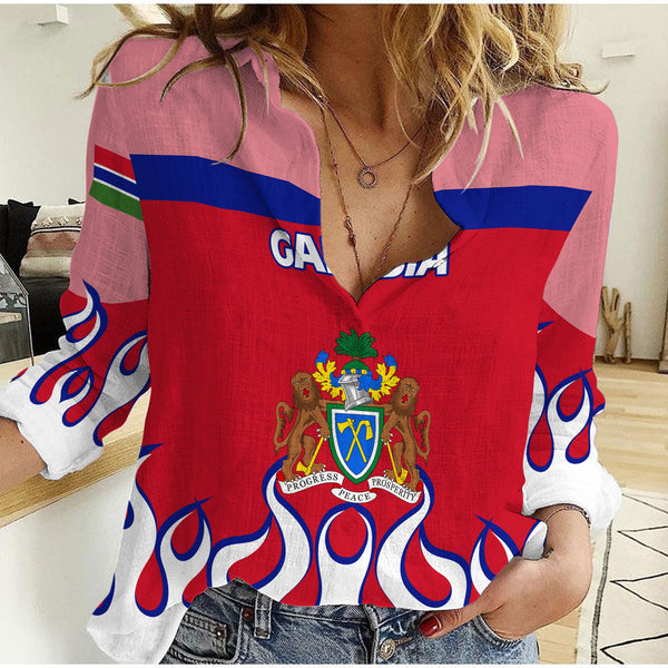 Gambia Women Casual Shirt Flag & Coat Of Arms Fire Hockey Style