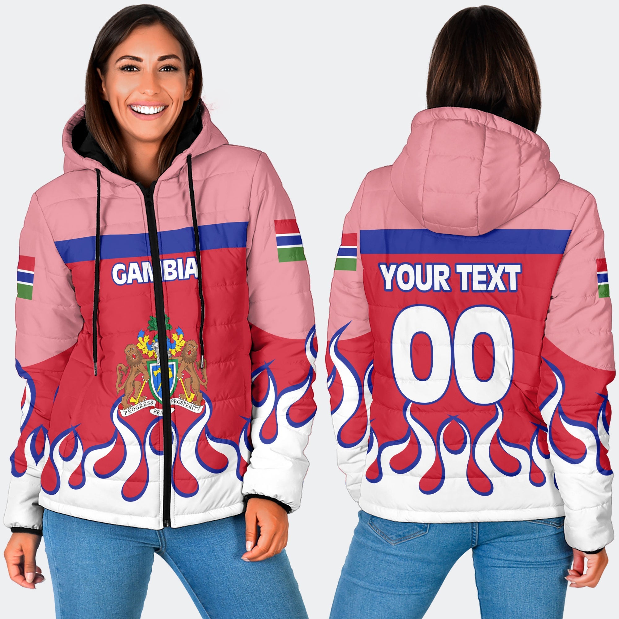 Gambia Women Hooded Padded Jacket Flag & Coat Of Arms Fire Hockey Style