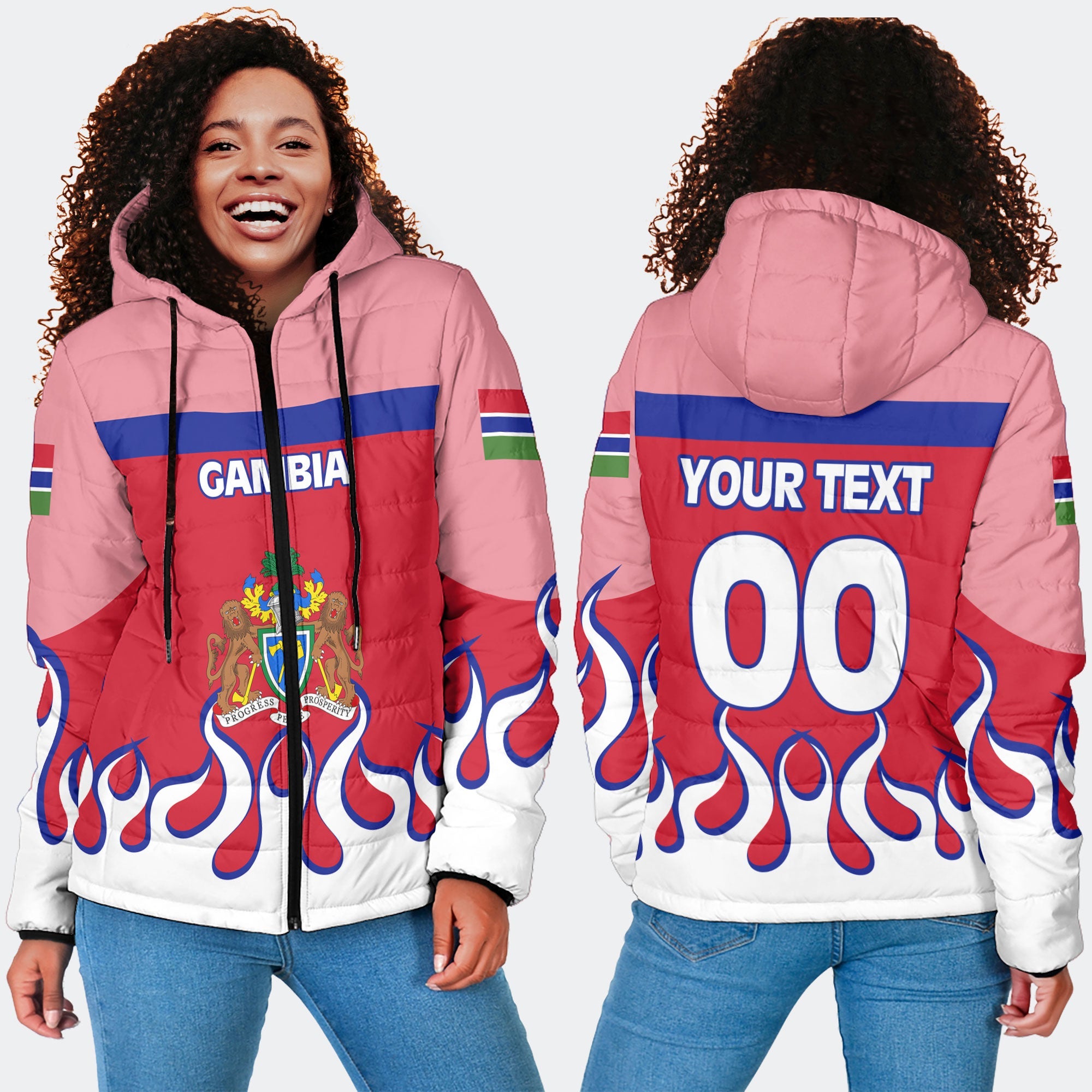 Gambia Women Hooded Padded Jacket Flag & Coat Of Arms Fire Hockey Style