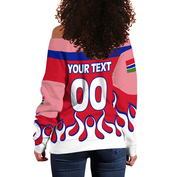 Gambia Women Off Shoulder Sweatshirt Flag & Coat Of Arms Fire Hockey Style