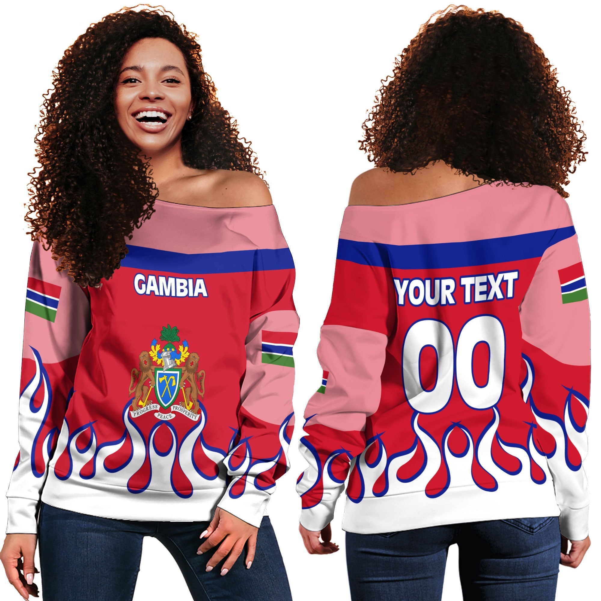 Gambia Women Off Shoulder Sweatshirt Flag & Coat Of Arms Fire Hockey Style