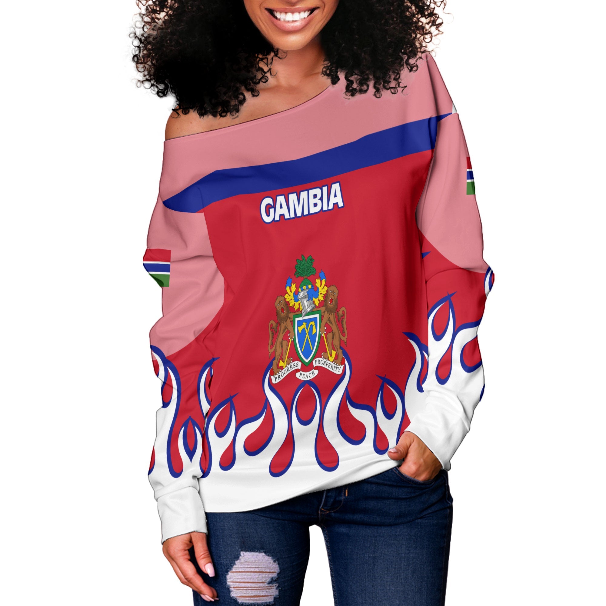 Gambia Women Off Shoulder Sweatshirt Flag & Coat Of Arms Fire Hockey Style