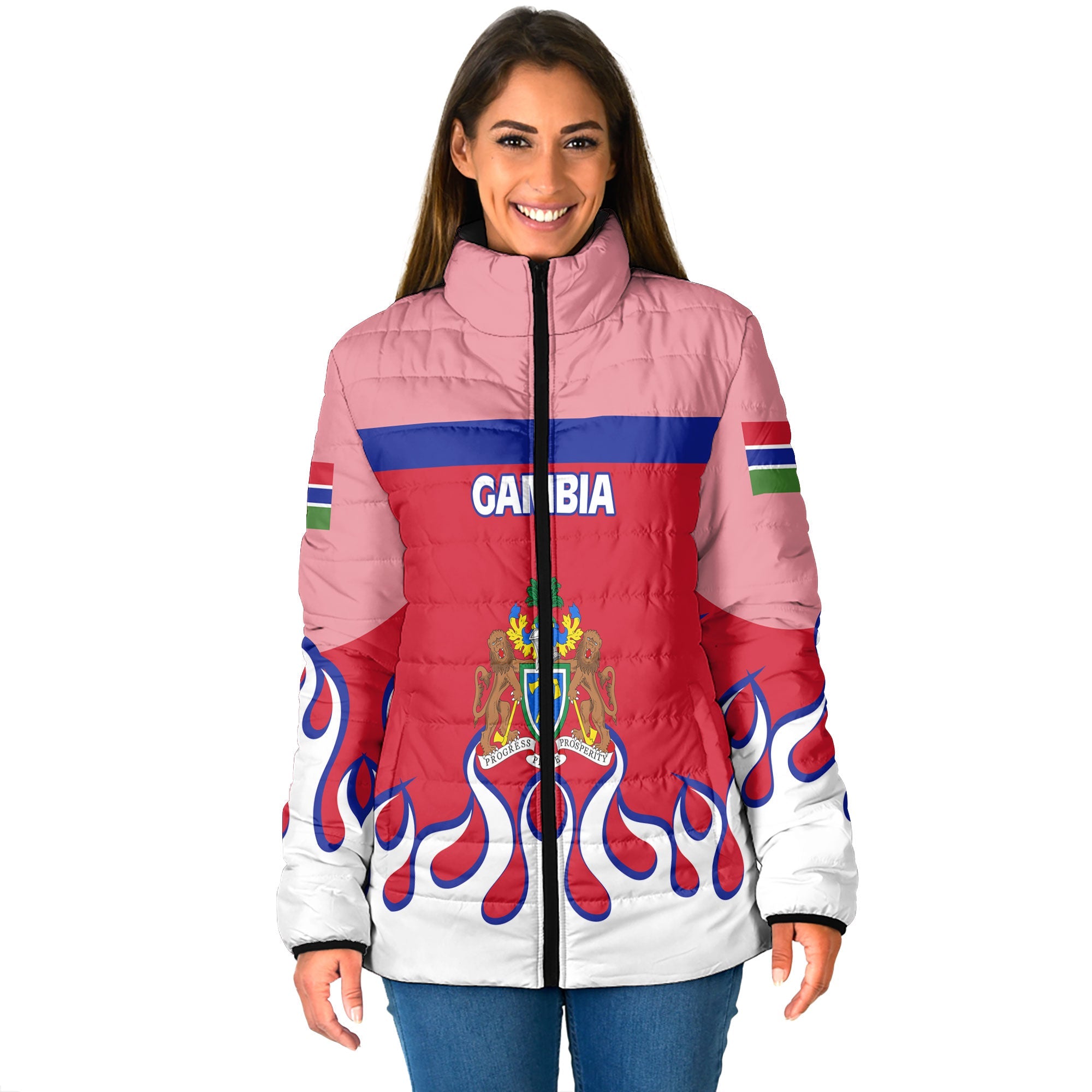 Gambia Women Padded Jacket Flag & Coat Of Arms Fire Hockey Style