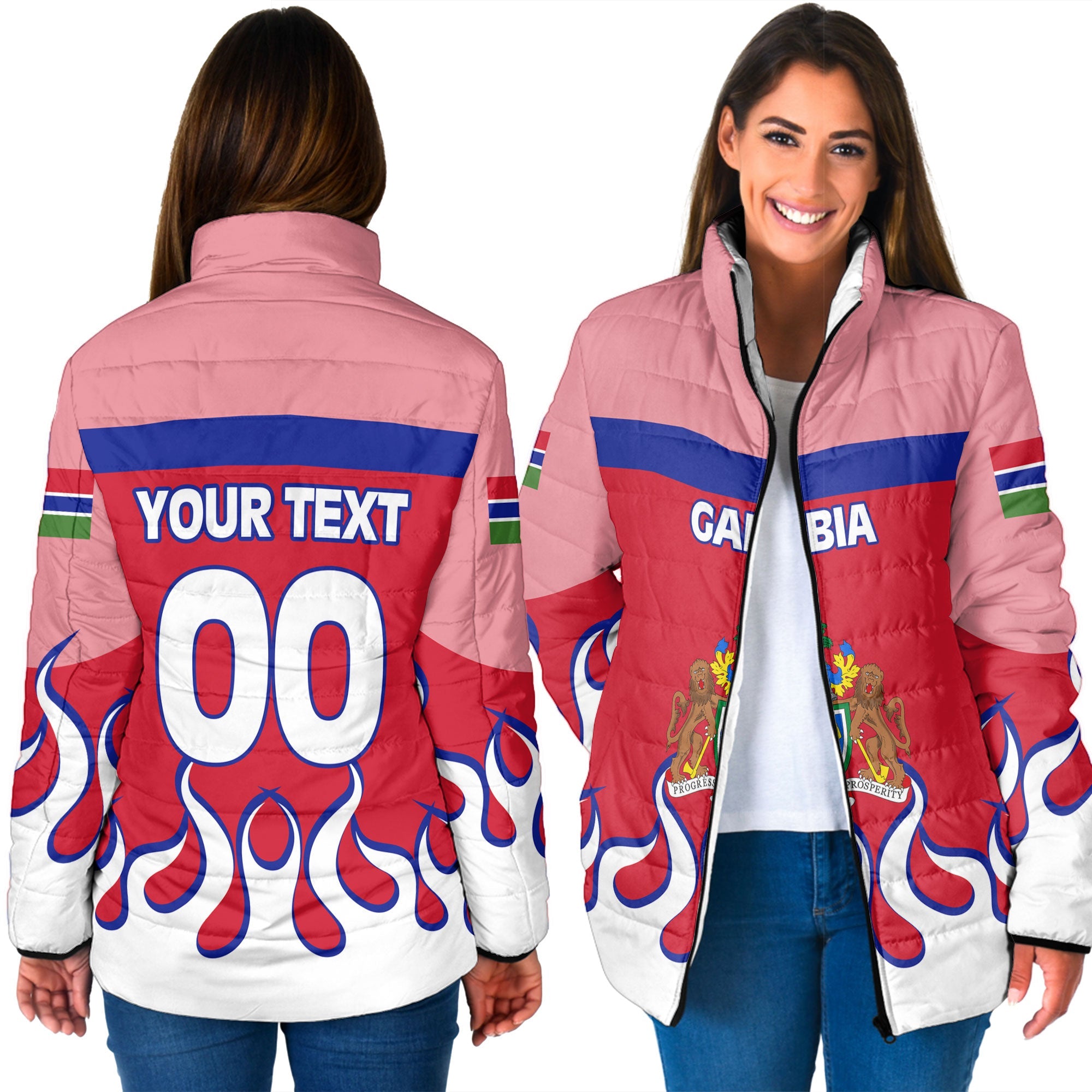 Gambia Women Padded Jacket Flag & Coat Of Arms Fire Hockey Style