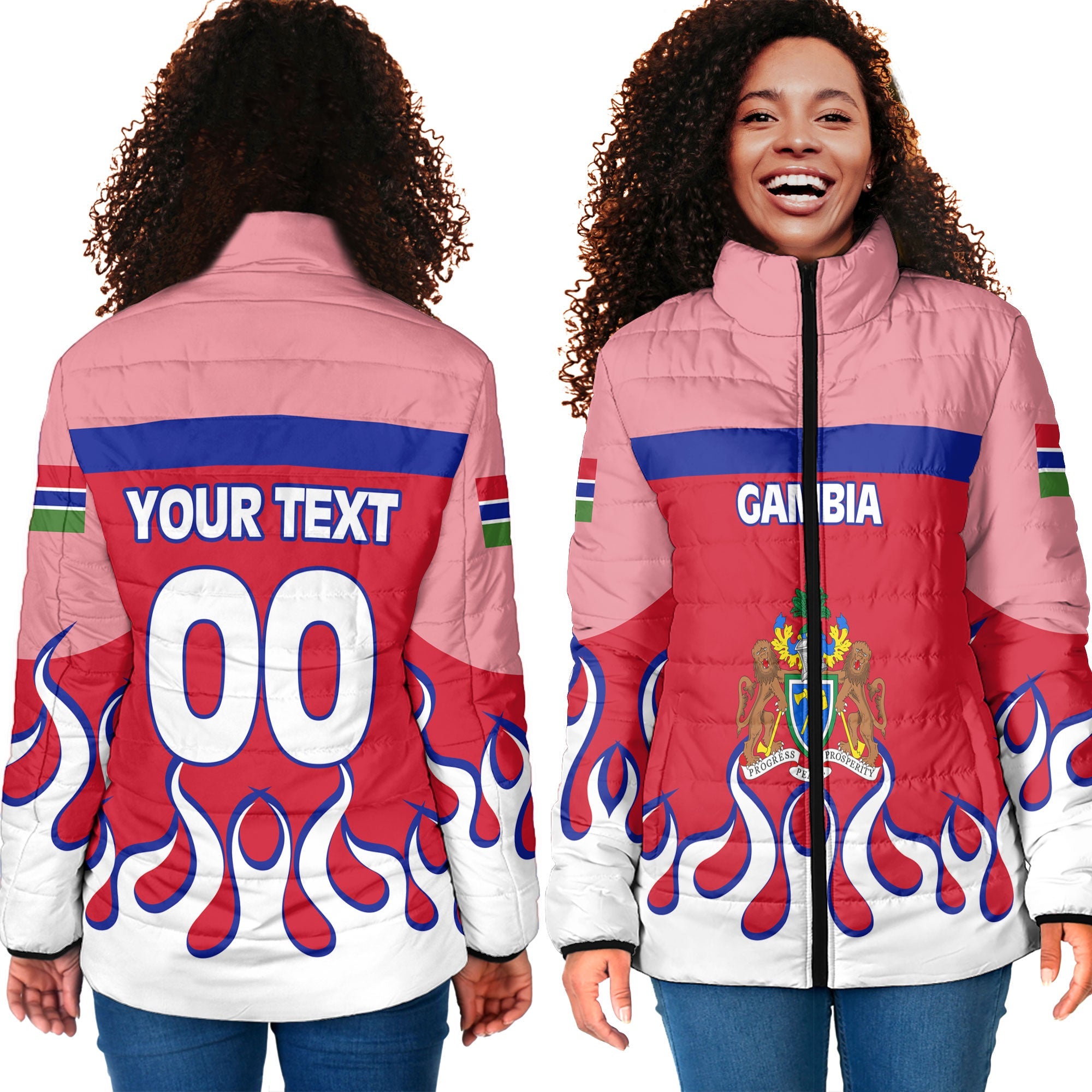 Gambia Women Padded Jacket Flag & Coat Of Arms Fire Hockey Style