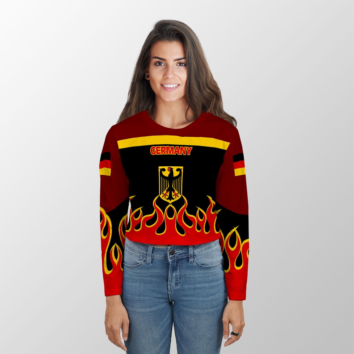 Germany Crop Top Long TShirt Flag & Coat Of Arms Fire Hockey Style