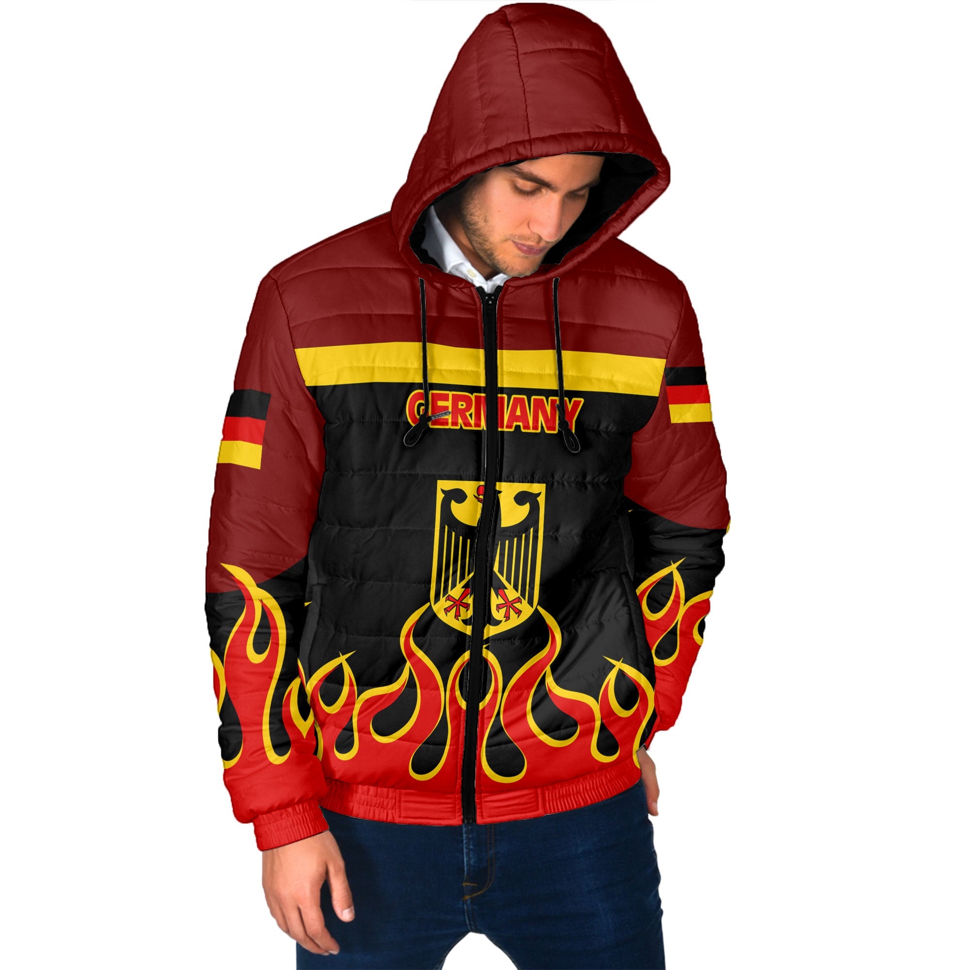 Germany Men Hooded Padded Jacket Flag & Coat Of Arms Fire Hockey Style