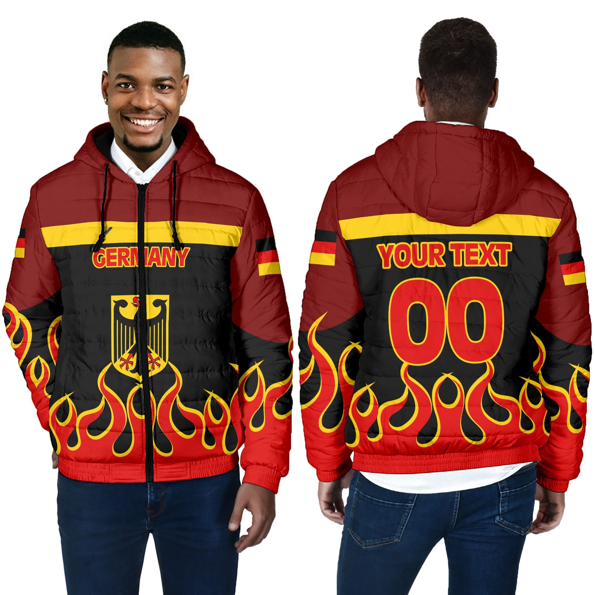 Germany Men Hooded Padded Jacket Flag & Coat Of Arms Fire Hockey Style