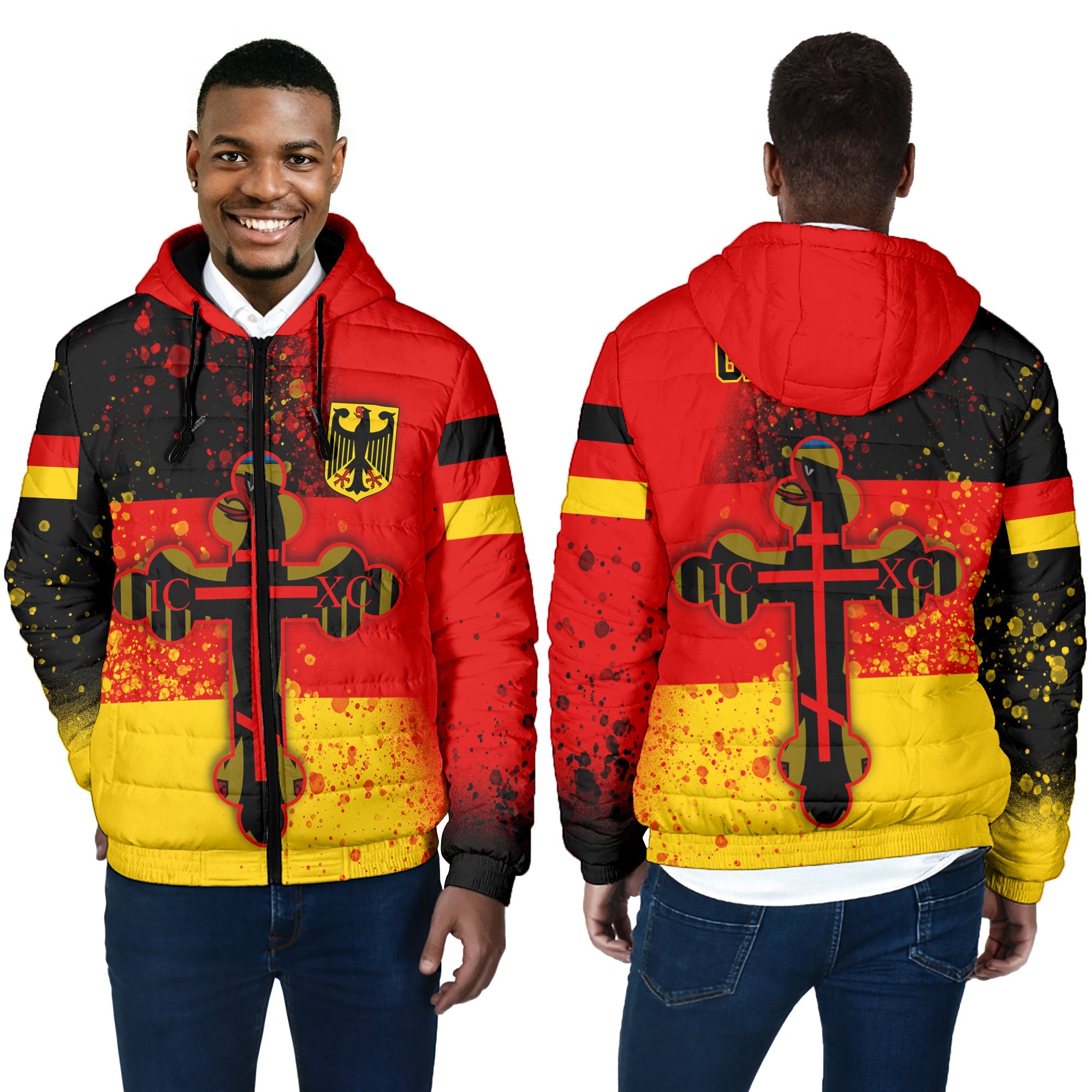 Germany Men Hooded Padded Jacket Flag & Coat Of Arms Orthodox Style