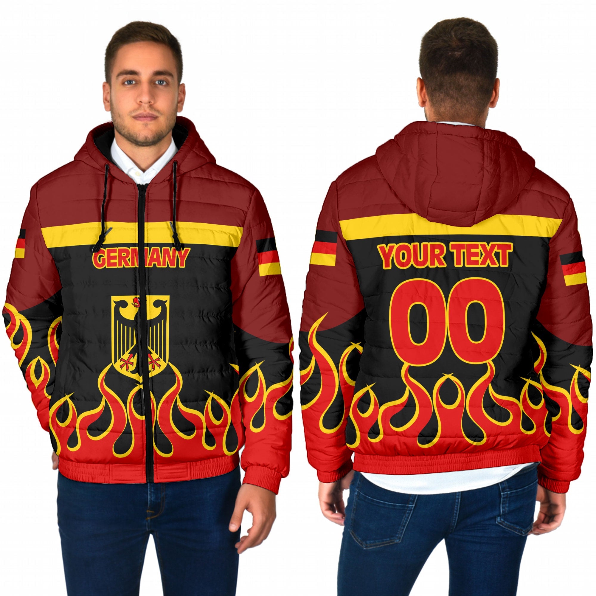 Germany Men Hooded Padded Jacket Flag & Coat Of Arms Fire Hockey Style