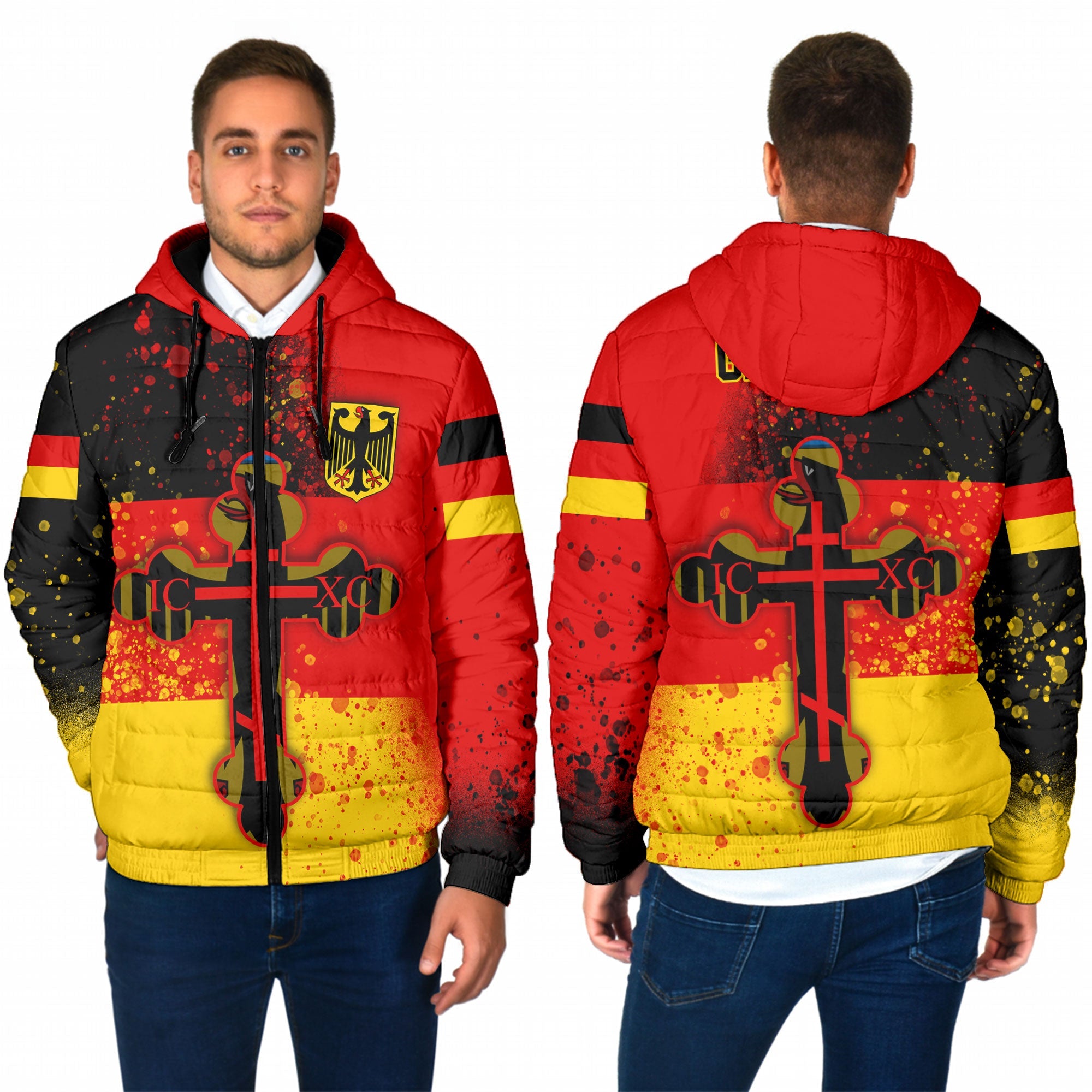 Germany Men Hooded Padded Jacket Flag & Coat Of Arms Orthodox Style