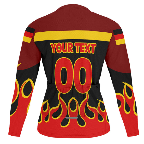 Germany Men's Cycling Jersey Long Sleeve Flag & Coat Of Arms Fire Hockey Style