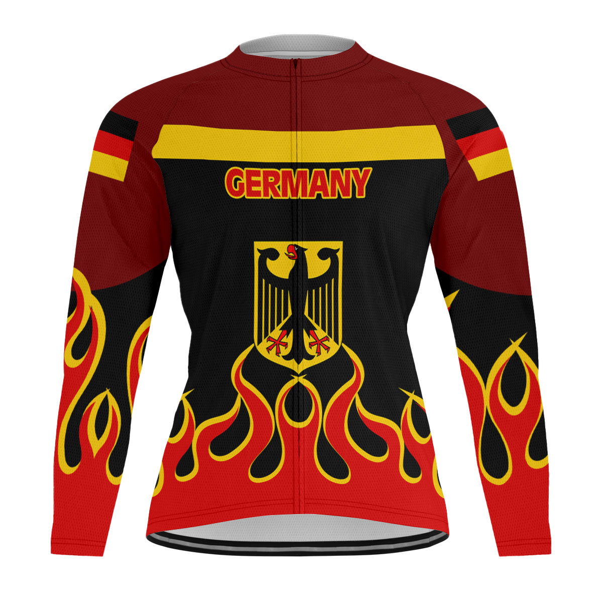 Germany Men's Cycling Jersey Long Sleeve Flag & Coat Of Arms Fire Hockey Style