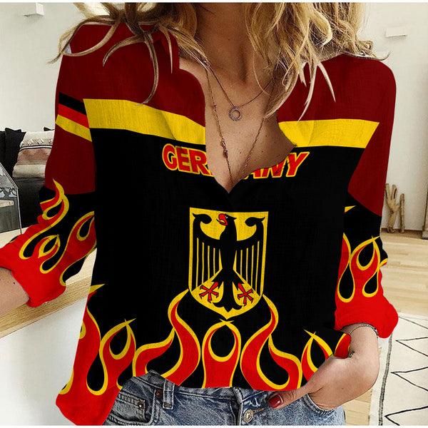 Germany Women Casual Shirt Flag & Coat Of Arms Fire Hockey Style