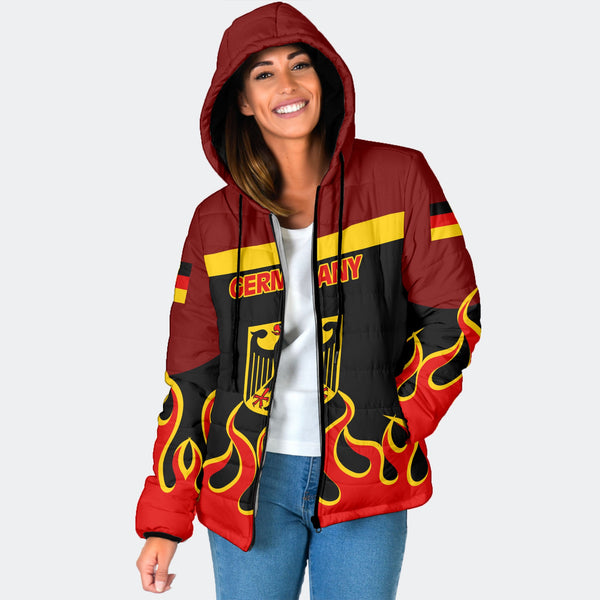 Germany Women Hooded Padded Jacket Flag & Coat Of Arms Fire Hockey Style