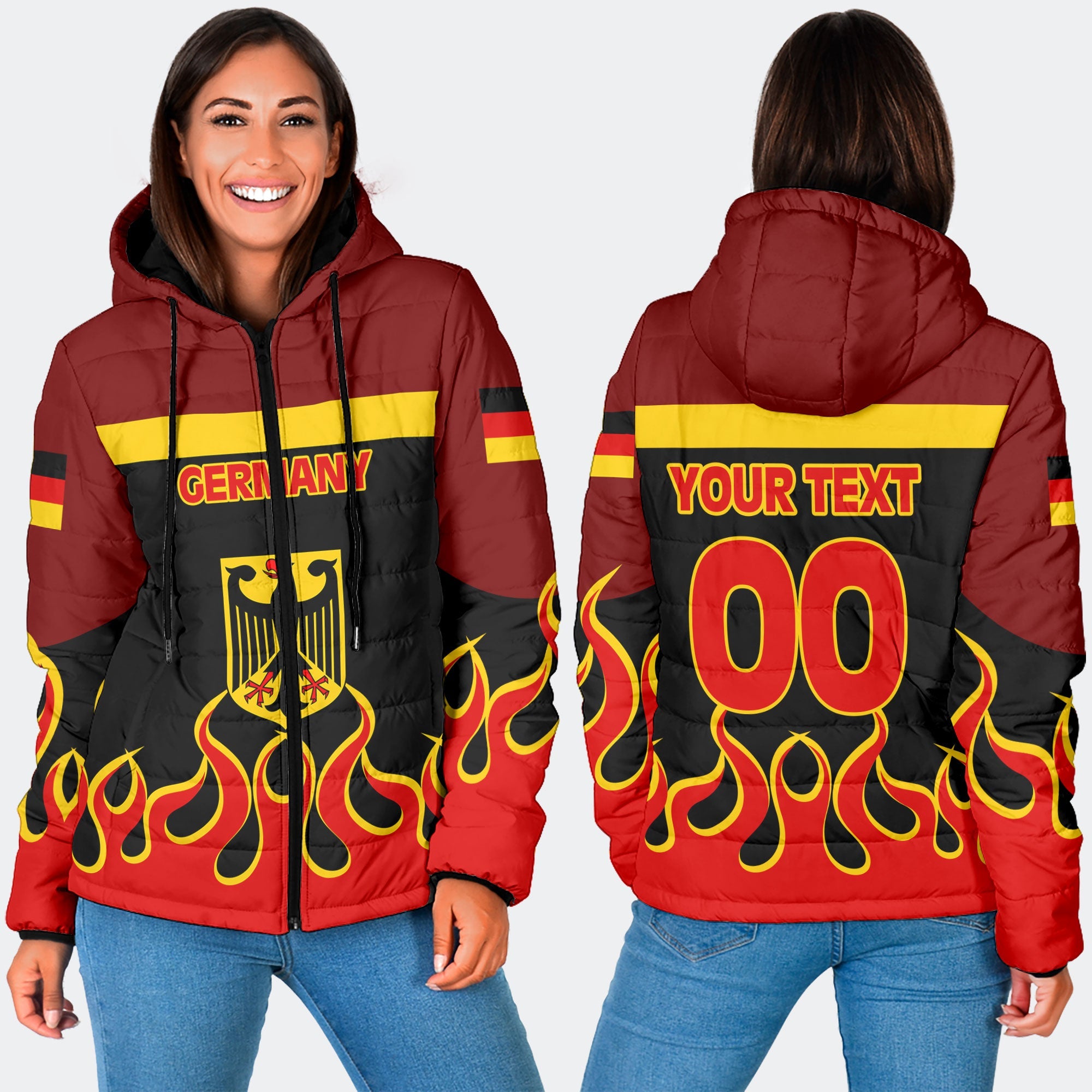 Germany Women Hooded Padded Jacket Flag & Coat Of Arms Fire Hockey Style