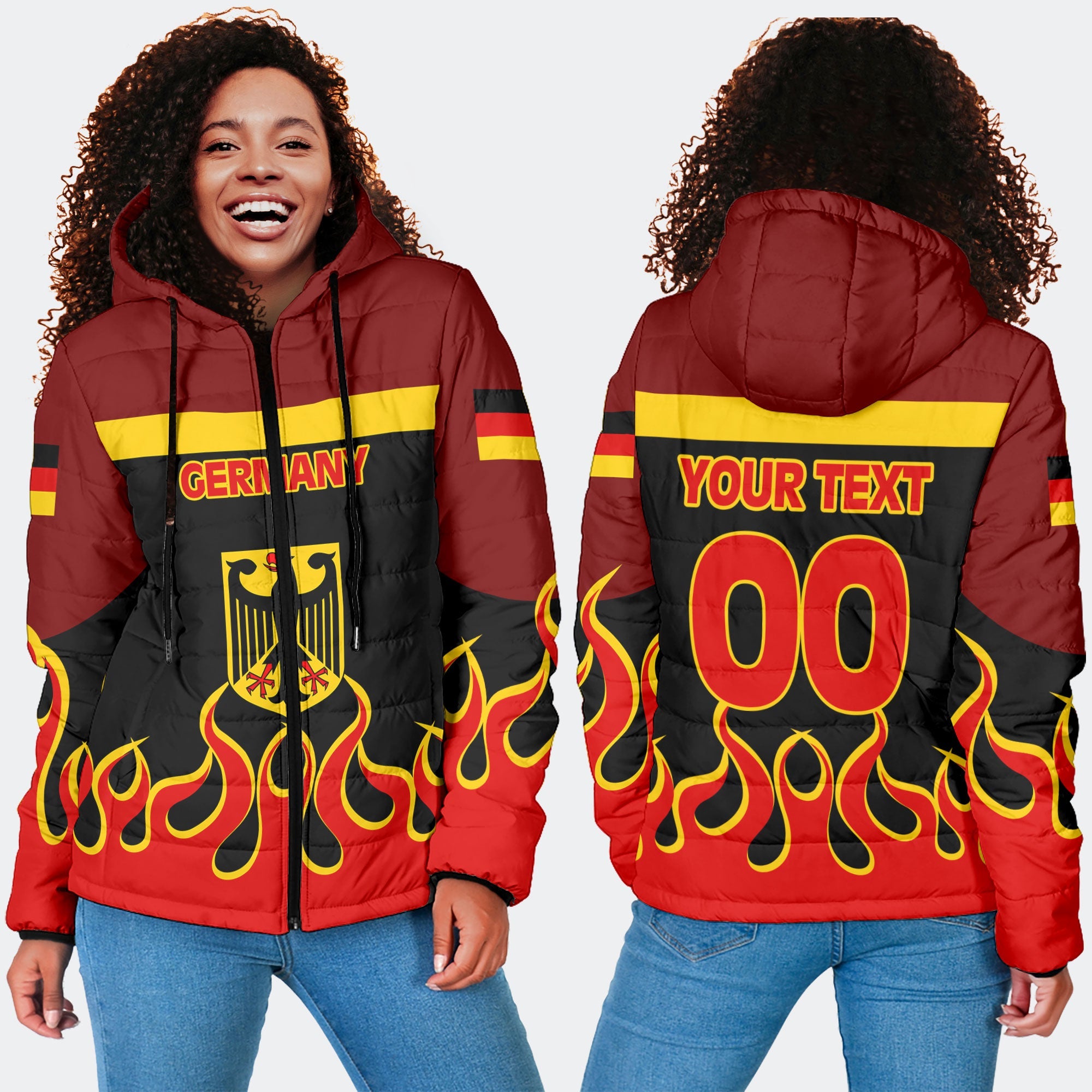 Germany Women Hooded Padded Jacket Flag & Coat Of Arms Fire Hockey Style