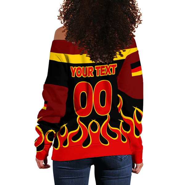 Germany Women Off Shoulder Sweatshirt Flag & Coat Of Arms Fire Hockey Style