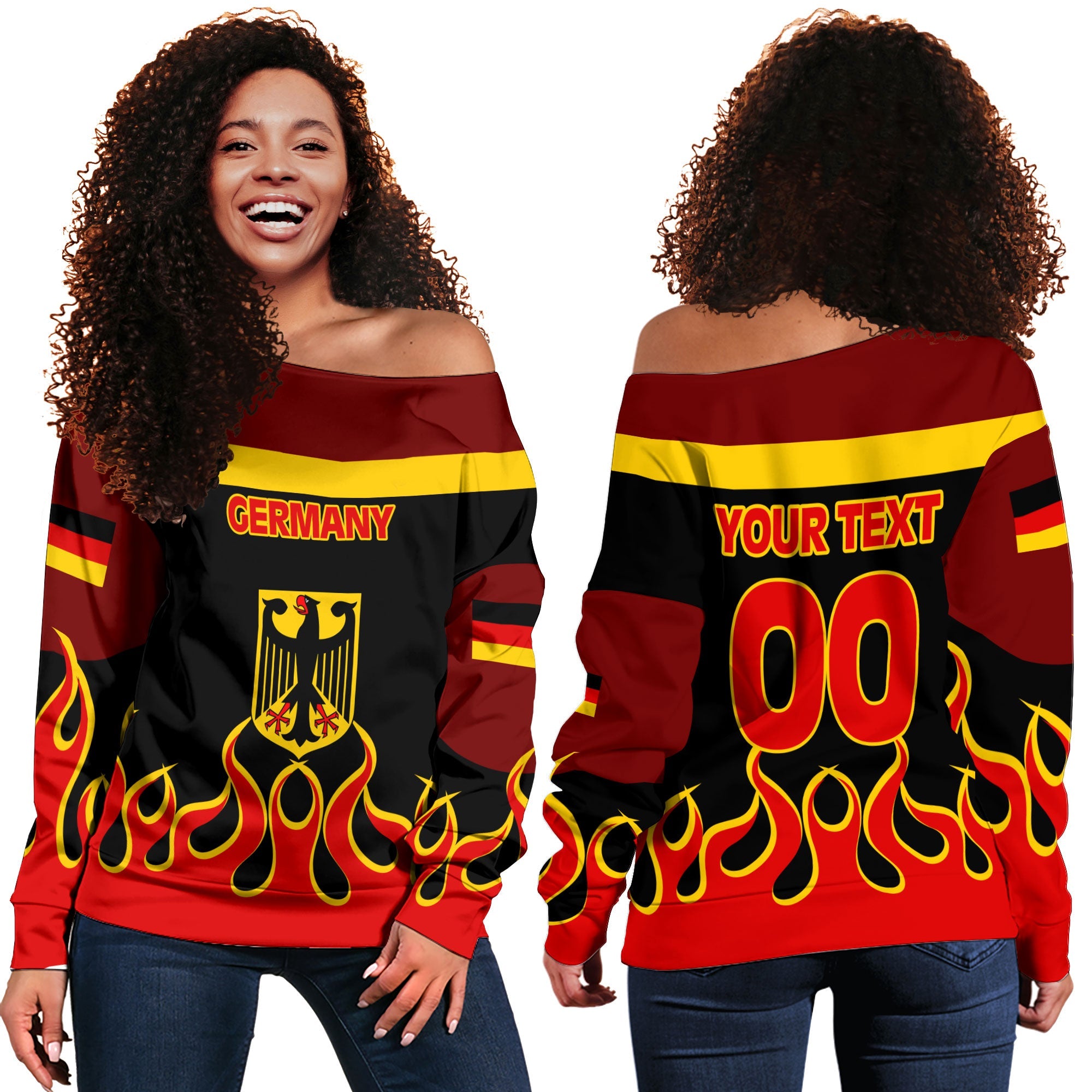 Germany Women Off Shoulder Sweatshirt Flag & Coat Of Arms Fire Hockey Style