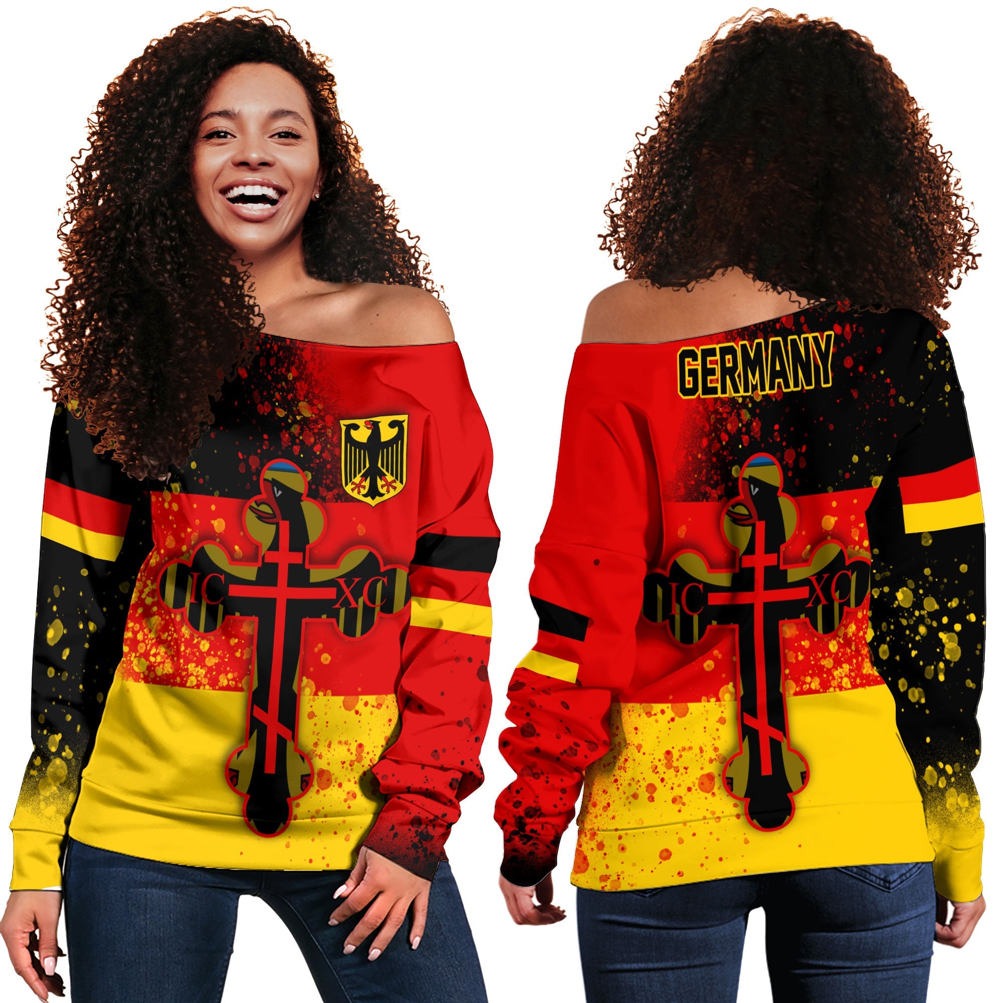 Germany Women Off Shoulder Sweatshirt Flag & Coat Of Arms Orthodox Style