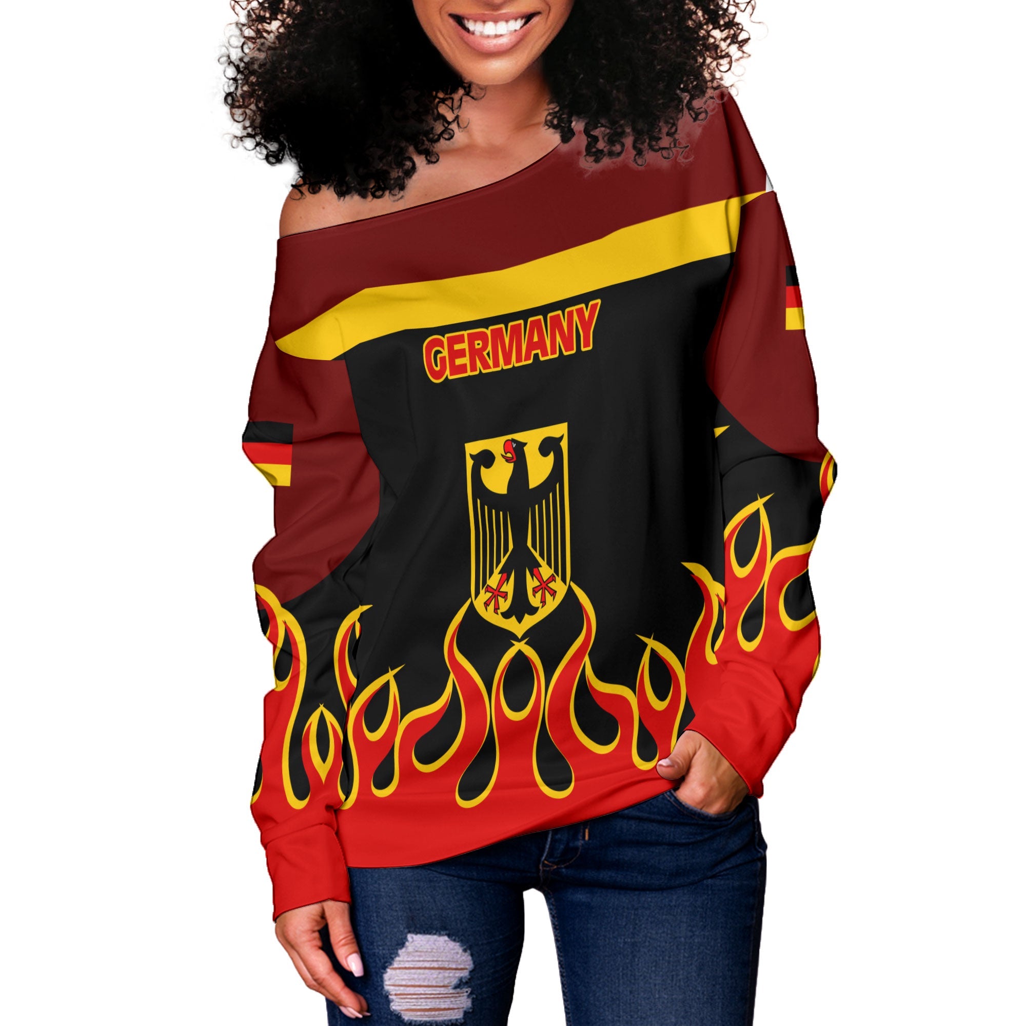 Germany Women Off Shoulder Sweatshirt Flag & Coat Of Arms Fire Hockey Style