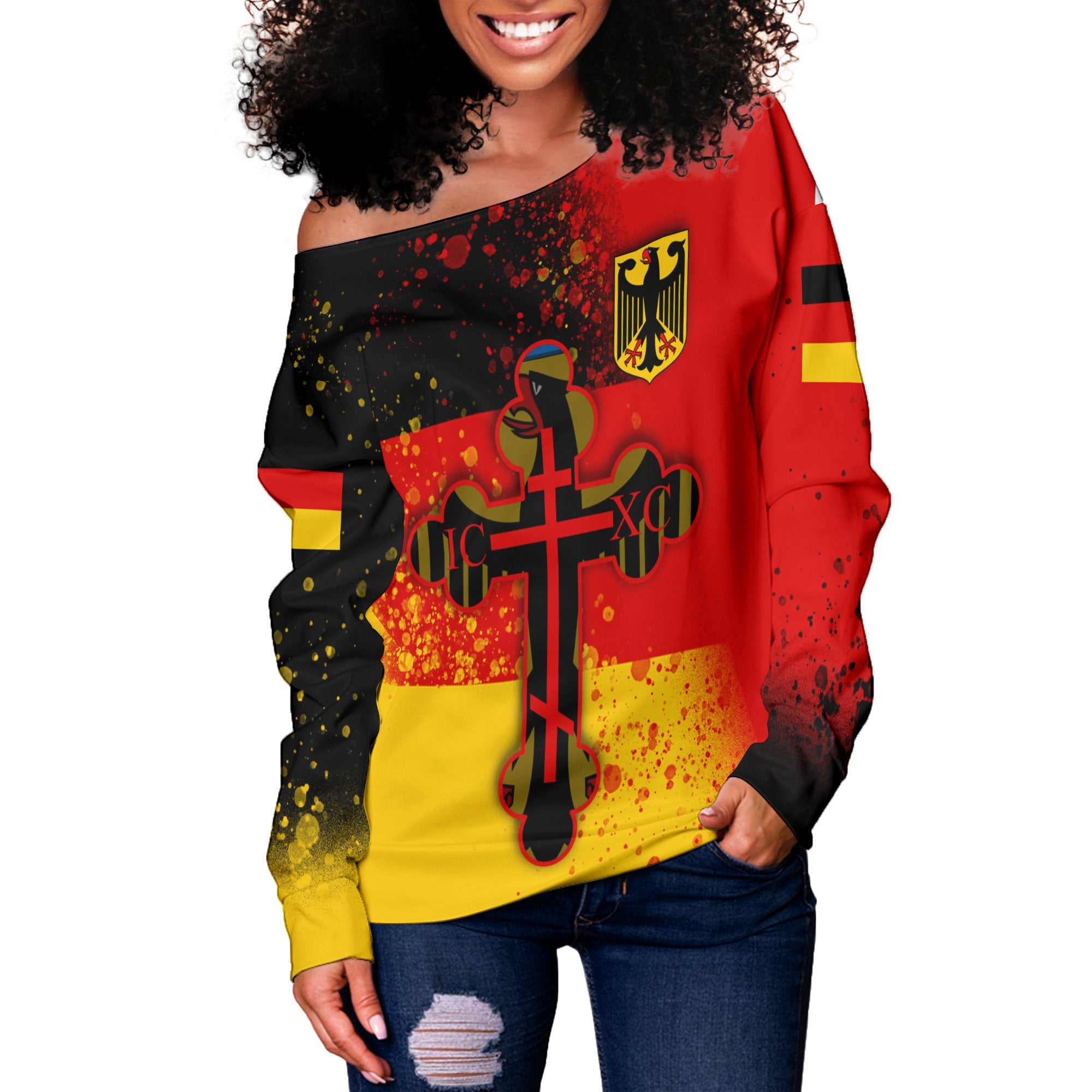 Germany Women Off Shoulder Sweatshirt Flag & Coat Of Arms Orthodox Style