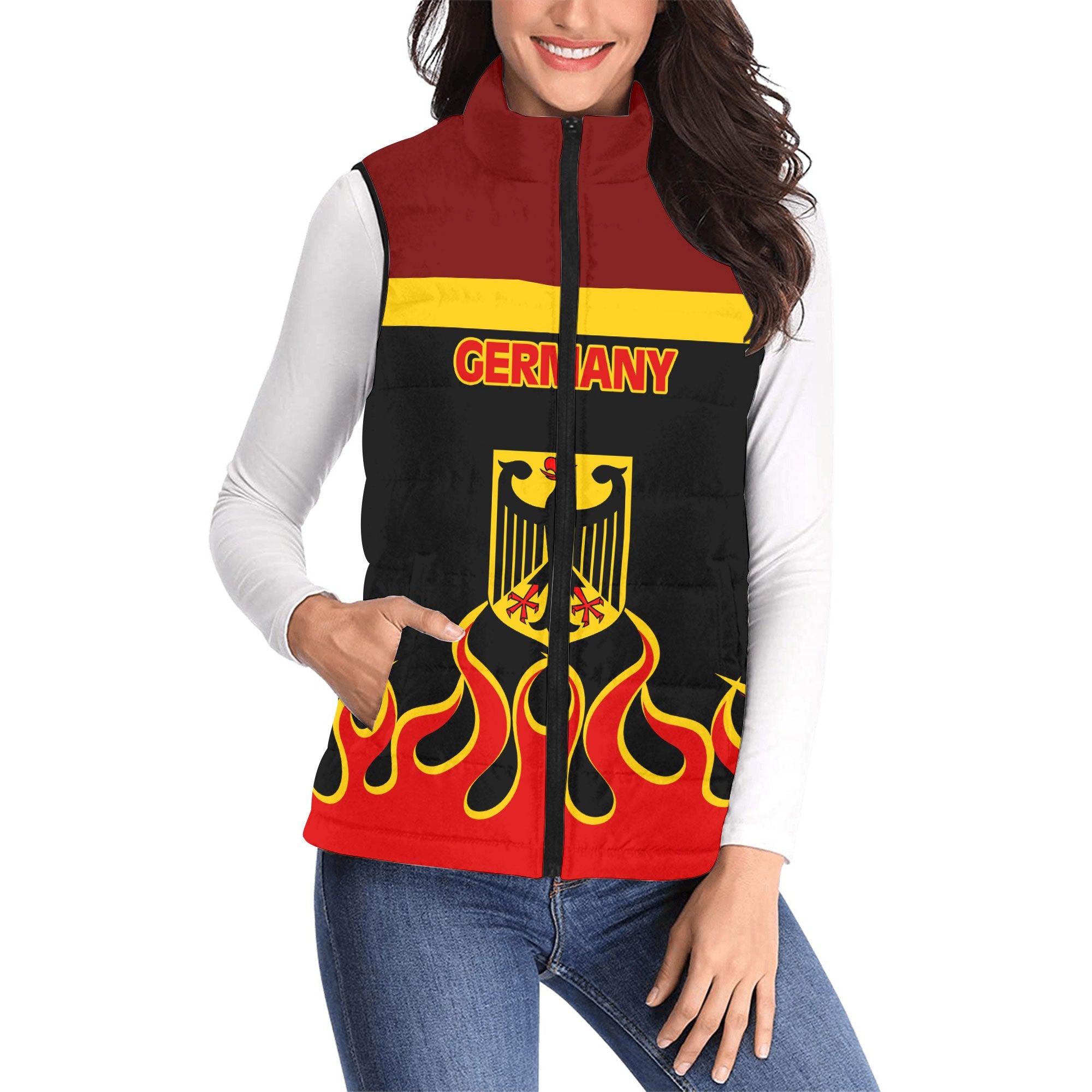 Germany Women Padded Jacket Vest Flag & Coat Of Arms Fire Hockey Style